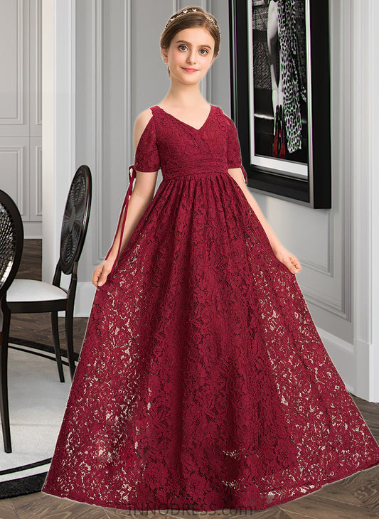 Juliette A-Line V-neck Floor-Length Lace Junior Bridesmaid Dress With Ruffle Bow(s) DPP0013581