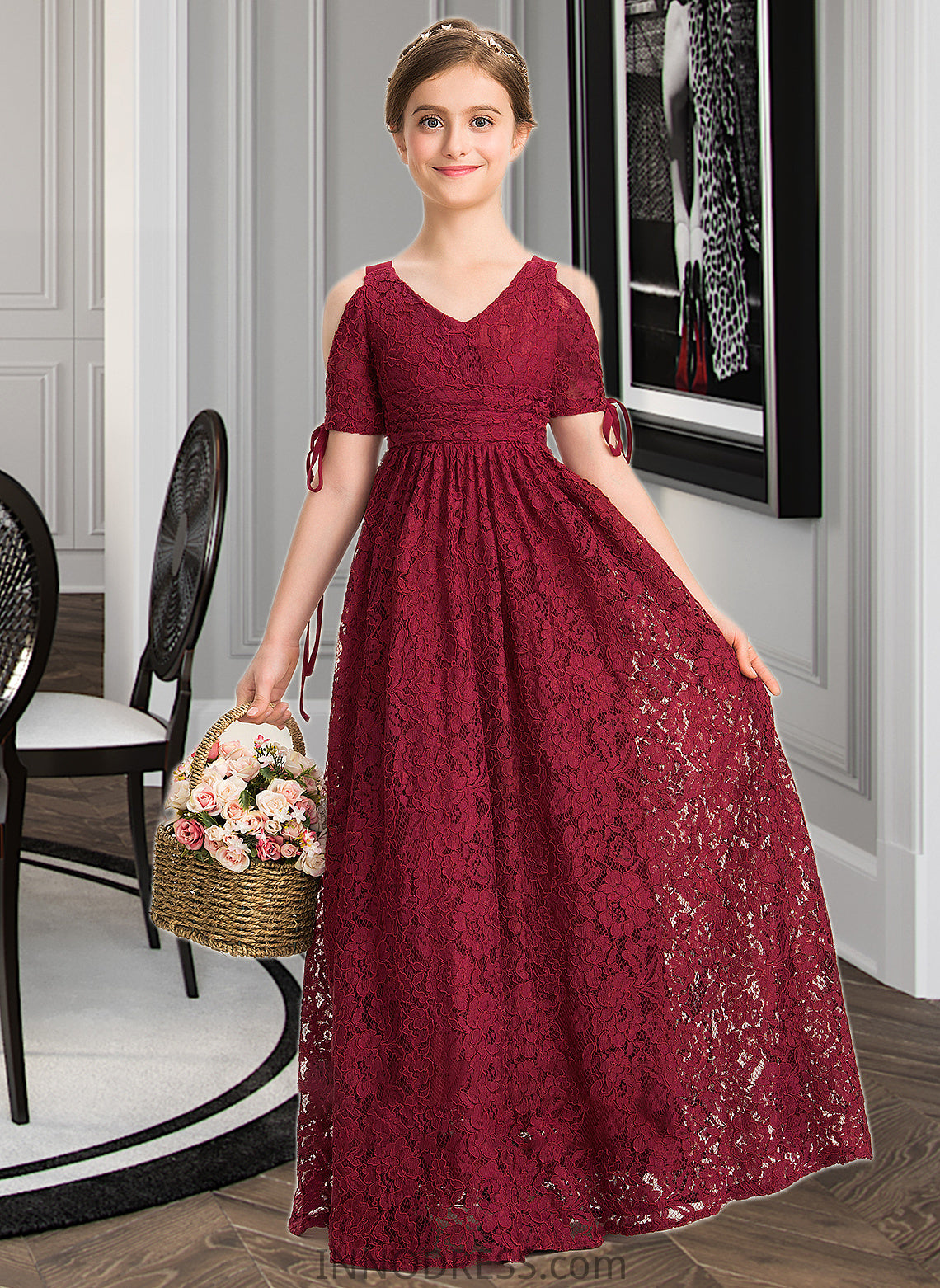 Juliette A-Line V-neck Floor-Length Lace Junior Bridesmaid Dress With Ruffle Bow(s) DPP0013581