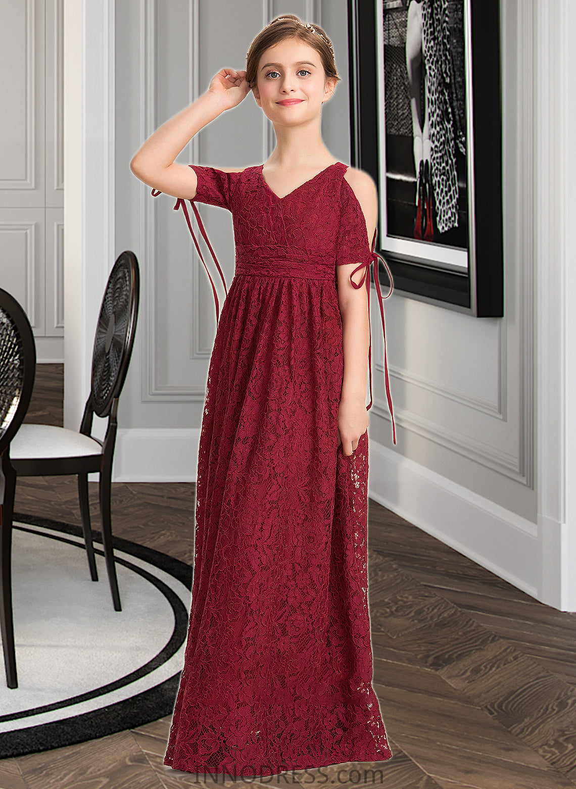 Juliette A-Line V-neck Floor-Length Lace Junior Bridesmaid Dress With Ruffle Bow(s) DPP0013581