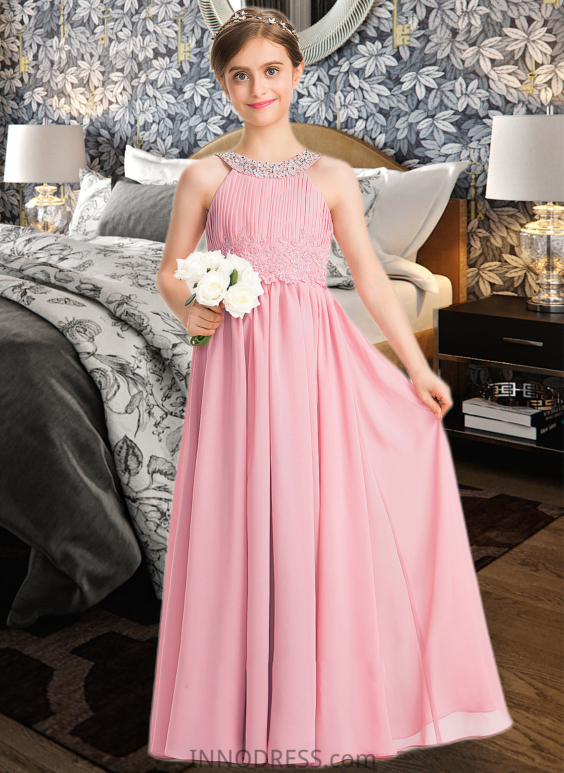 Hope A-Line Scoop Neck Floor-Length Chiffon Lace Junior Bridesmaid Dress With Ruffle Beading Sequins DPP0013582