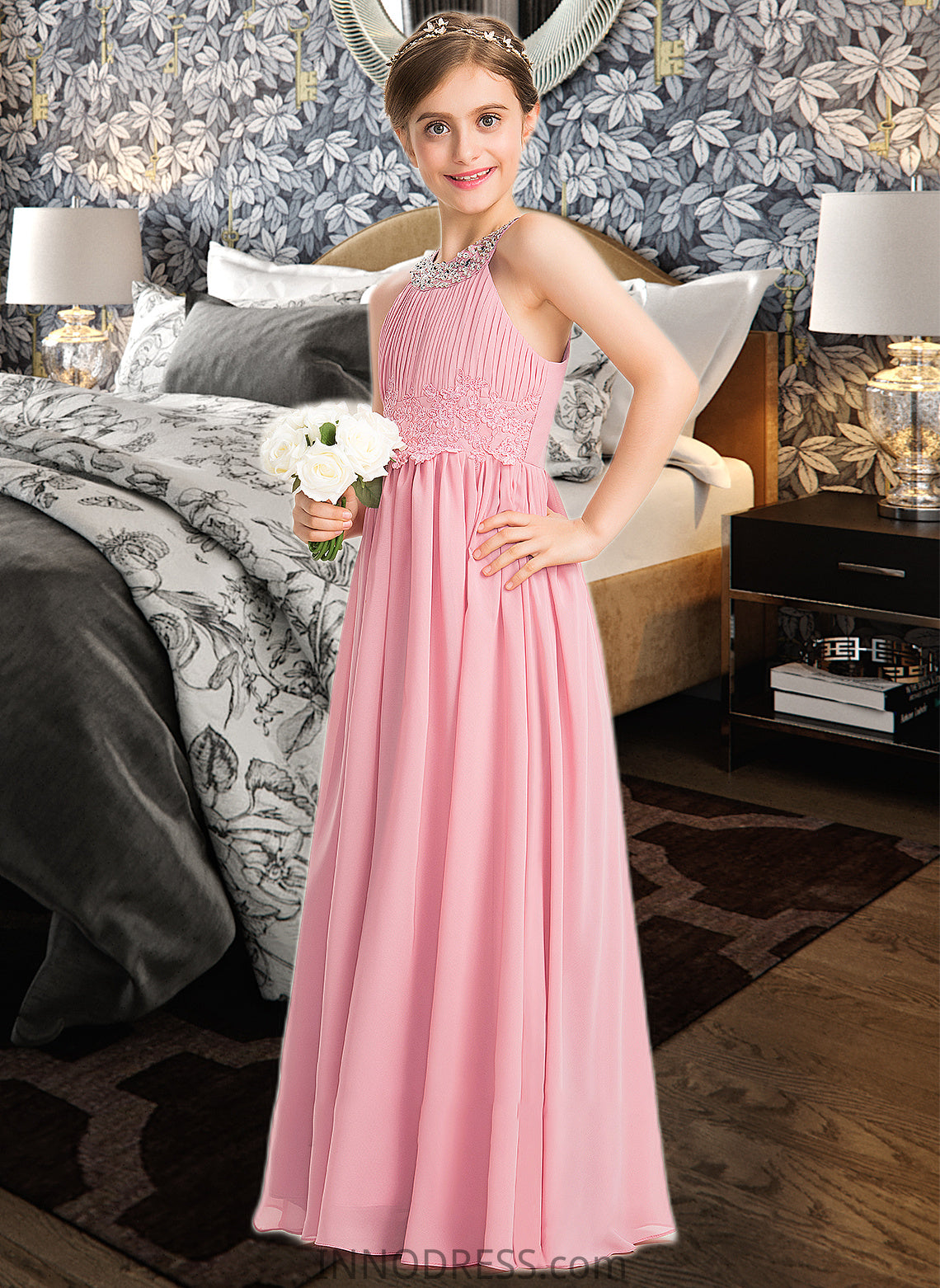 Hope A-Line Scoop Neck Floor-Length Chiffon Lace Junior Bridesmaid Dress With Ruffle Beading Sequins DPP0013582