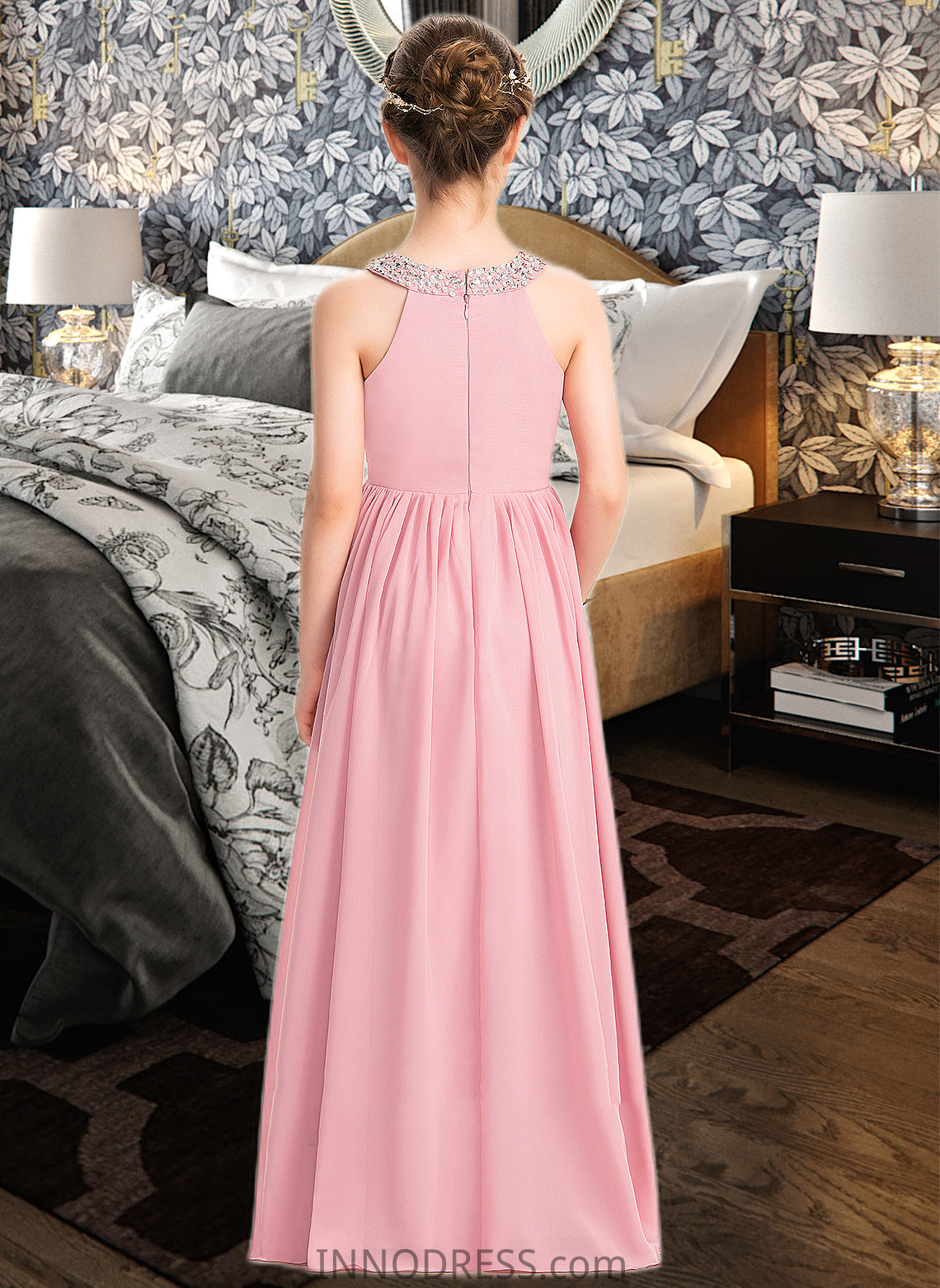 Hope A-Line Scoop Neck Floor-Length Chiffon Lace Junior Bridesmaid Dress With Ruffle Beading Sequins DPP0013582