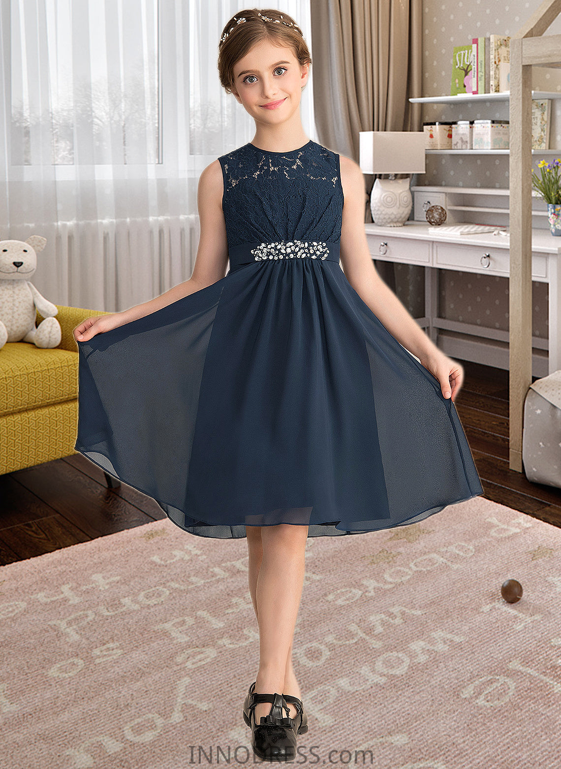 Ana A-Line Scoop Neck Knee-Length Chiffon Lace Junior Bridesmaid Dress With Beading Sequins Bow(s) DPP0013583