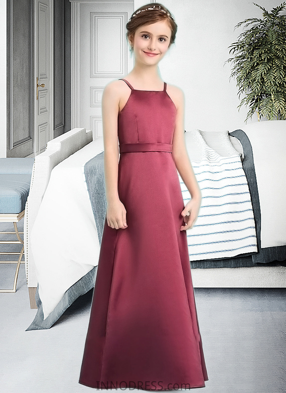 Gertie A-Line Square Neckline Floor-Length Satin Junior Bridesmaid Dress With Bow(s) DPP0013585