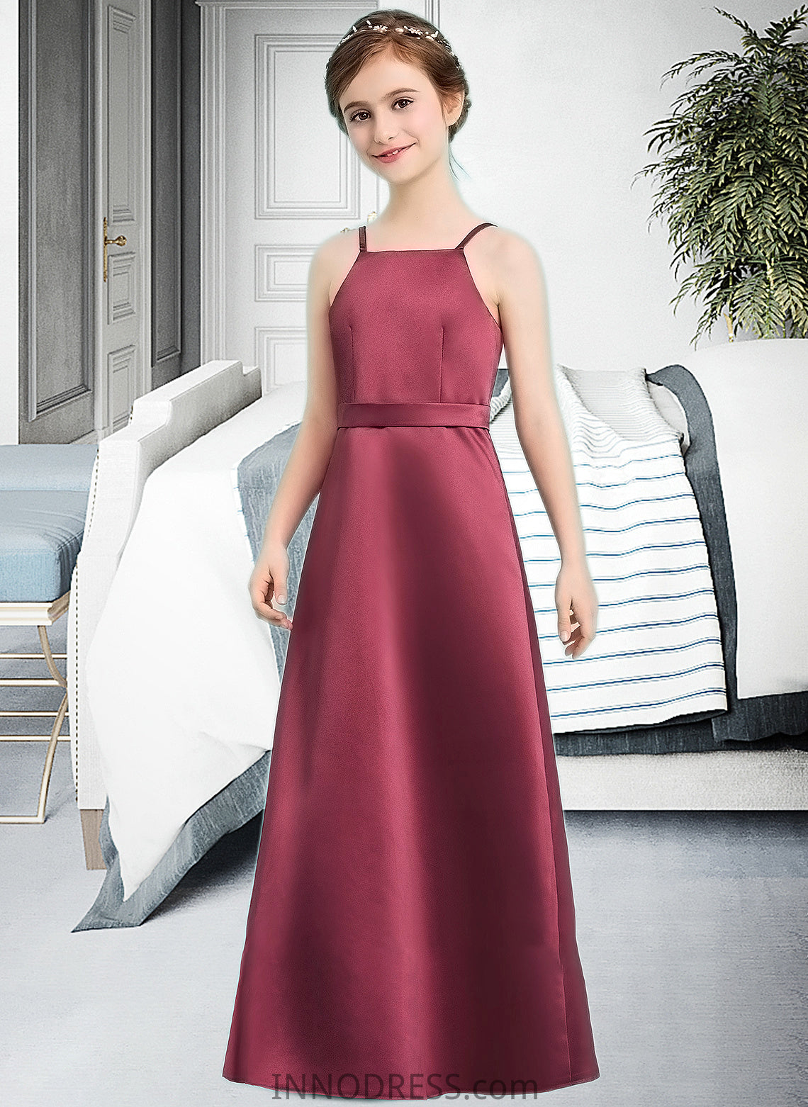 Gertie A-Line Square Neckline Floor-Length Satin Junior Bridesmaid Dress With Bow(s) DPP0013585