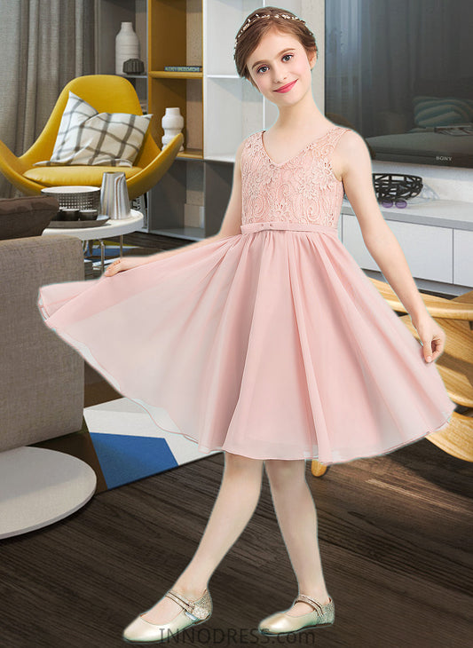 Raegan A-Line V-neck Knee-Length Chiffon Junior Bridesmaid Dress With Bow(s) DPP0013586