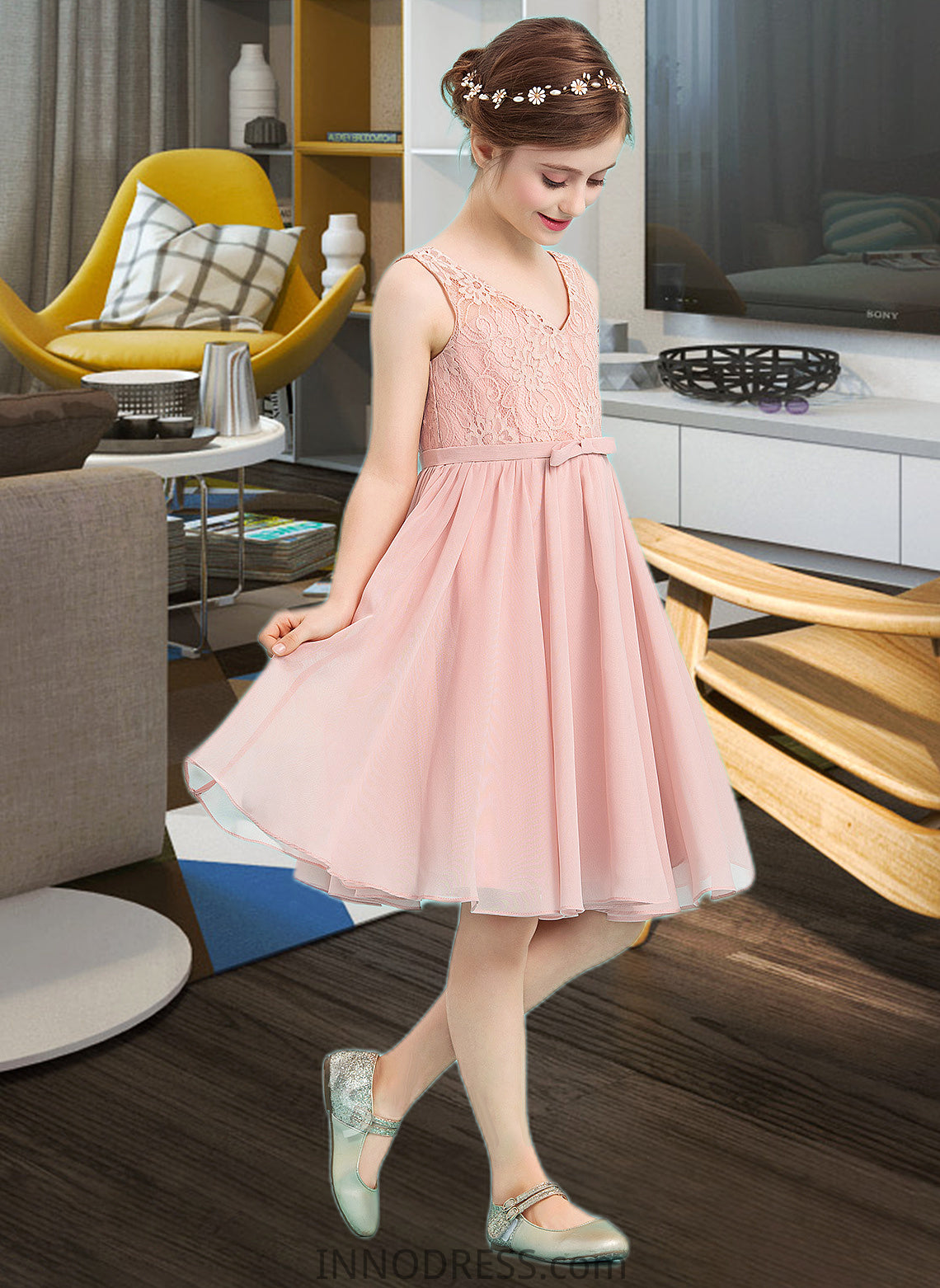 Raegan A-Line V-neck Knee-Length Chiffon Junior Bridesmaid Dress With Bow(s) DPP0013586