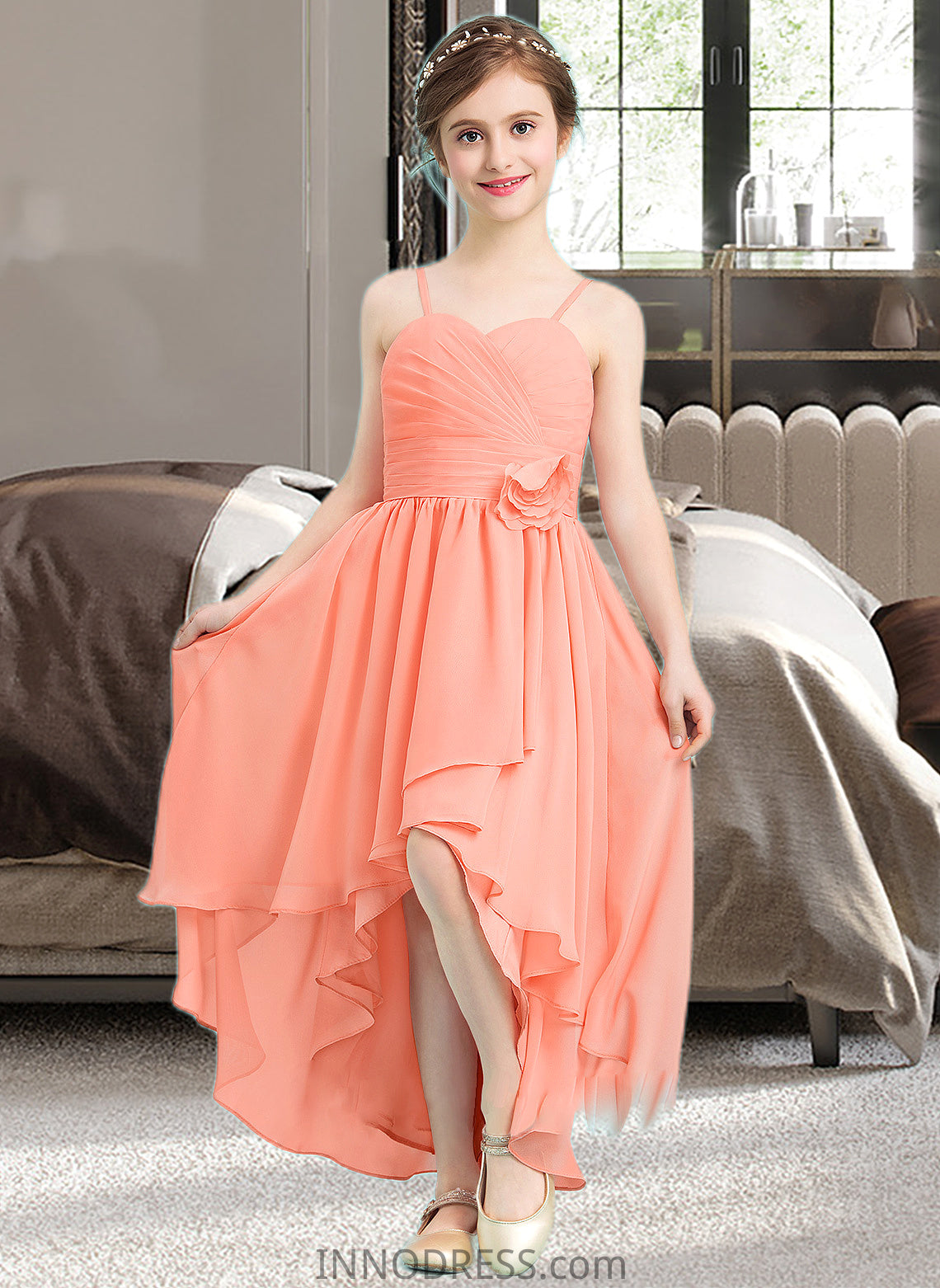 Emily A-Line Sweetheart Asymmetrical Chiffon Junior Bridesmaid Dress With Ruffle Flower(s) DPP0013587