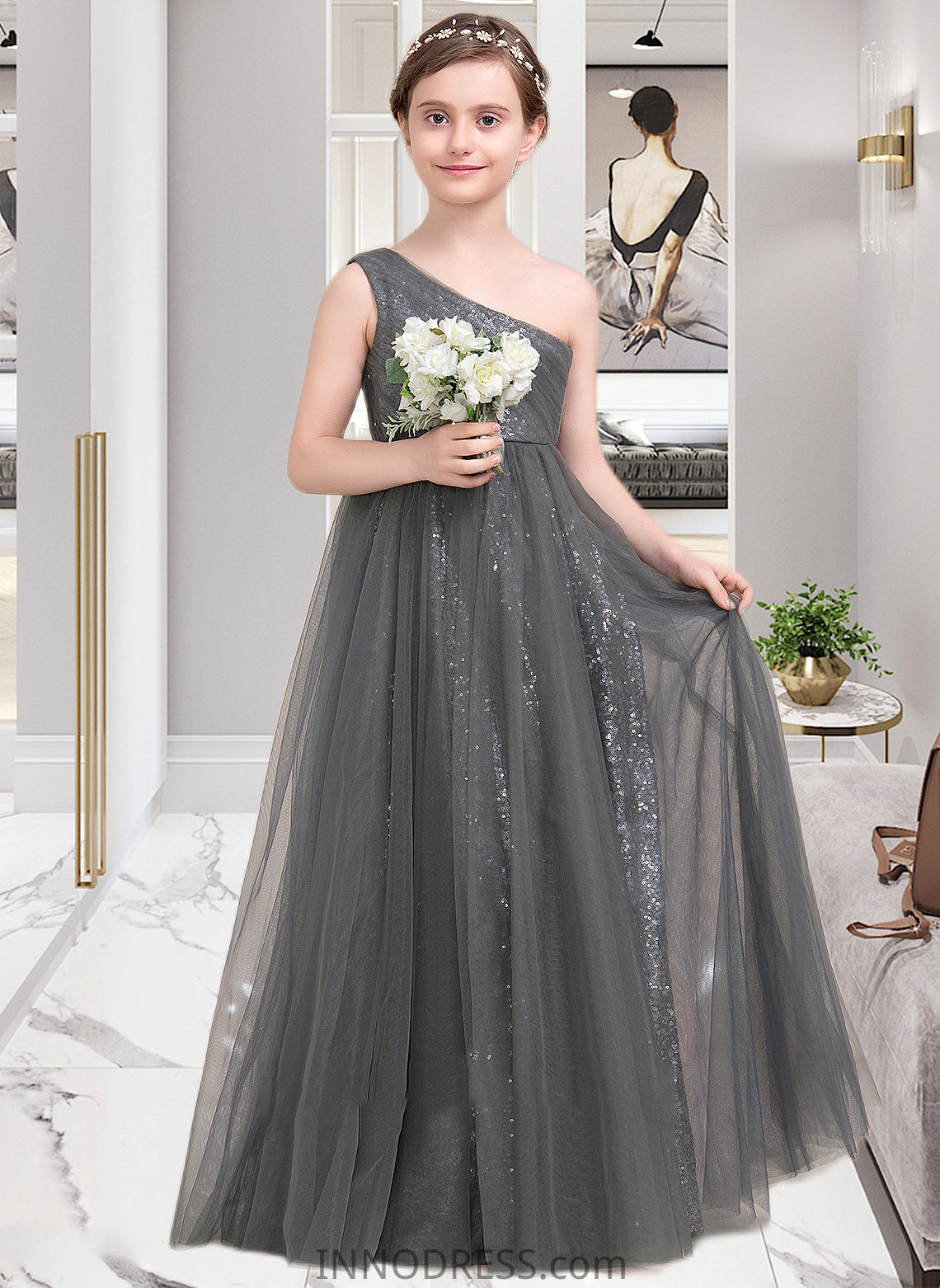 Kaitlyn A-Line One-Shoulder Floor-Length Tulle Sequined Junior Bridesmaid Dress With Ruffle DPP0013592