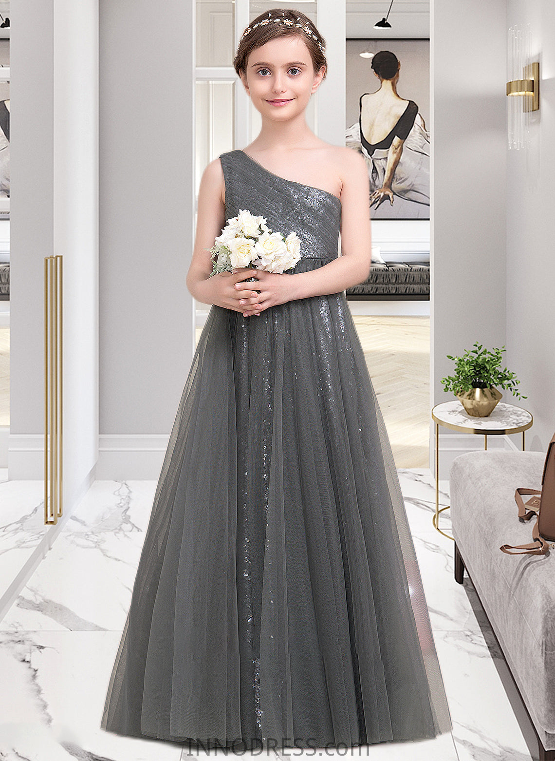 Kaitlyn A-Line One-Shoulder Floor-Length Tulle Sequined Junior Bridesmaid Dress With Ruffle DPP0013592