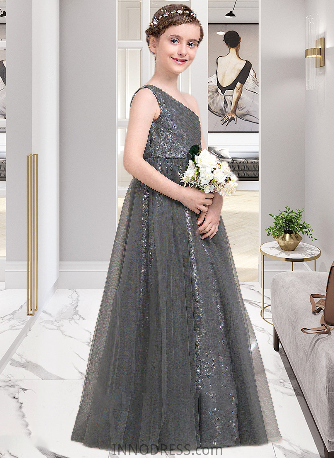 Kaitlyn A-Line One-Shoulder Floor-Length Tulle Sequined Junior Bridesmaid Dress With Ruffle DPP0013592