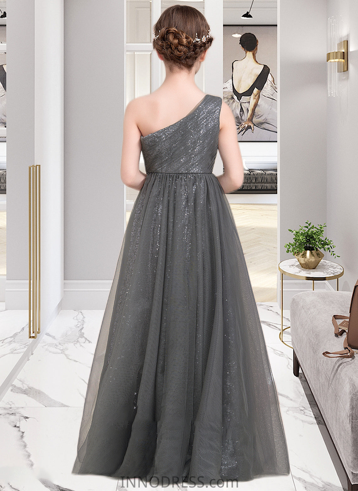 Kaitlyn A-Line One-Shoulder Floor-Length Tulle Sequined Junior Bridesmaid Dress With Ruffle DPP0013592