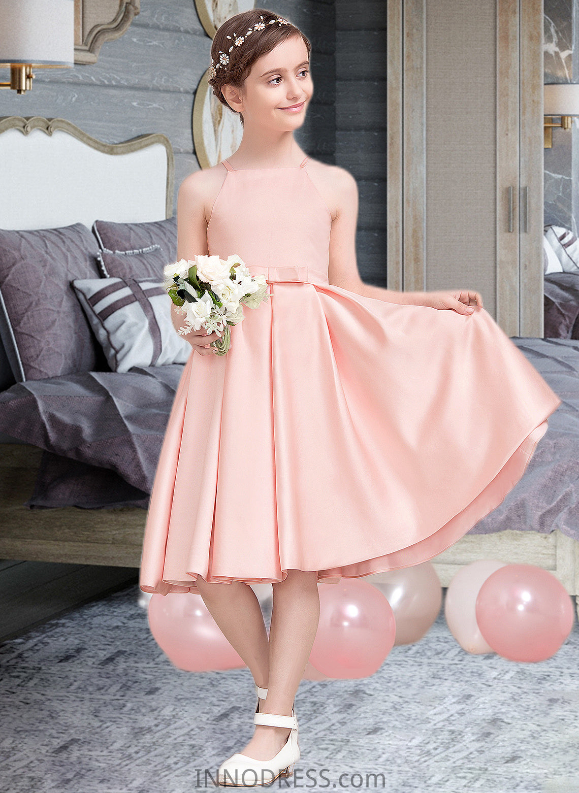 Kaylen A-Line Square Neckline Knee-Length Satin Junior Bridesmaid Dress With Bow(s) DPP0013593