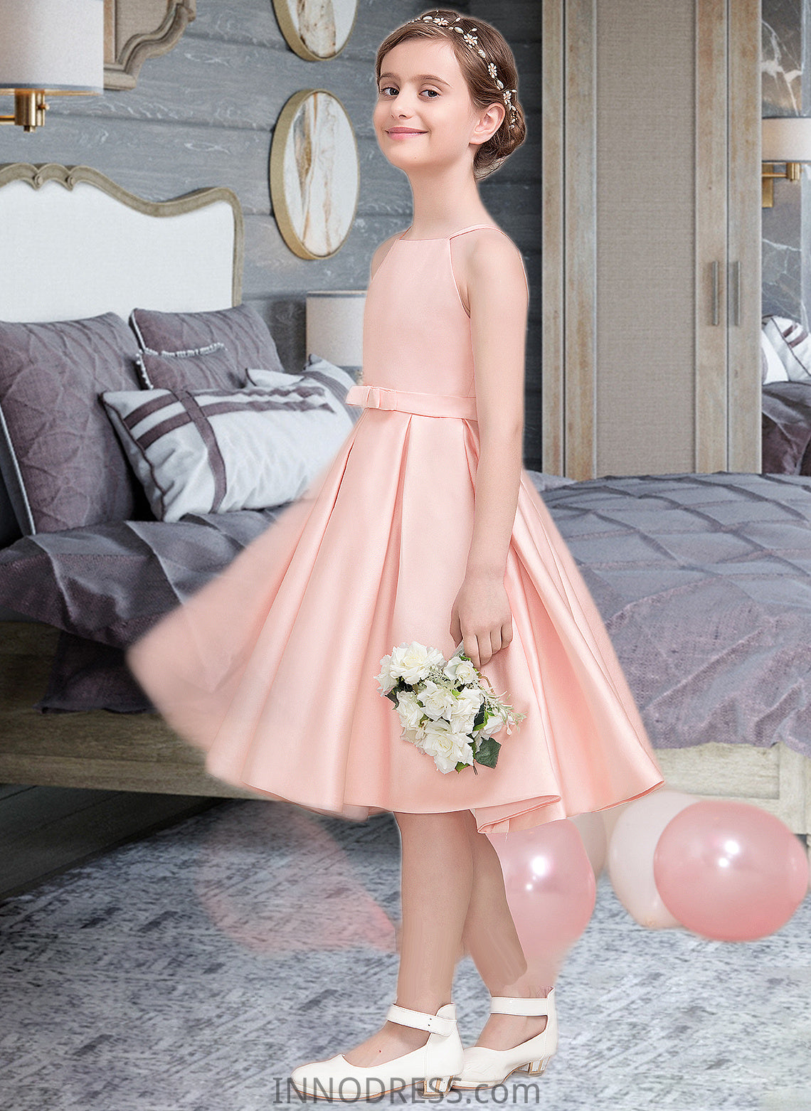 Kaylen A-Line Square Neckline Knee-Length Satin Junior Bridesmaid Dress With Bow(s) DPP0013593