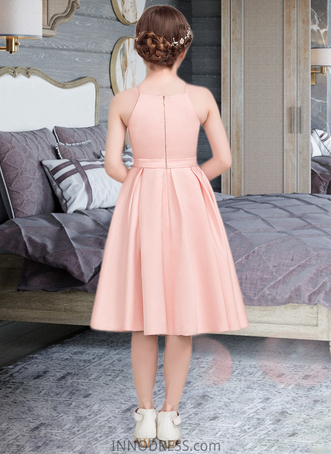 Kaylen A-Line Square Neckline Knee-Length Satin Junior Bridesmaid Dress With Bow(s) DPP0013593