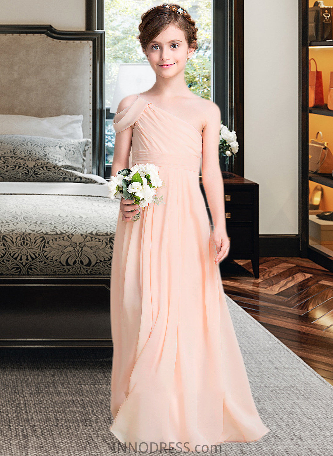 Kamari A-Line One-Shoulder Floor-Length Chiffon Junior Bridesmaid Dress With Ruffle DPP0013594