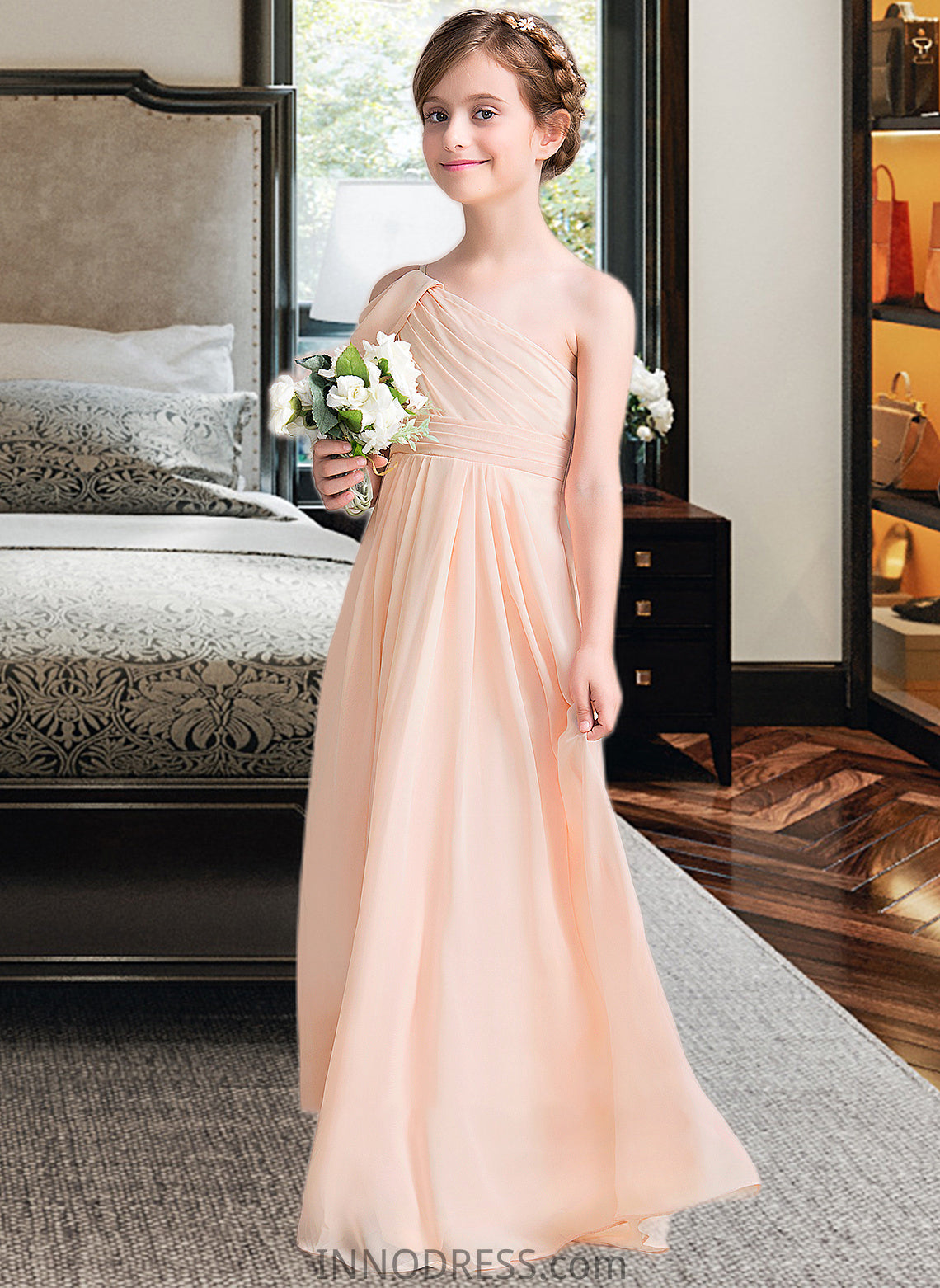 Kamari A-Line One-Shoulder Floor-Length Chiffon Junior Bridesmaid Dress With Ruffle DPP0013594