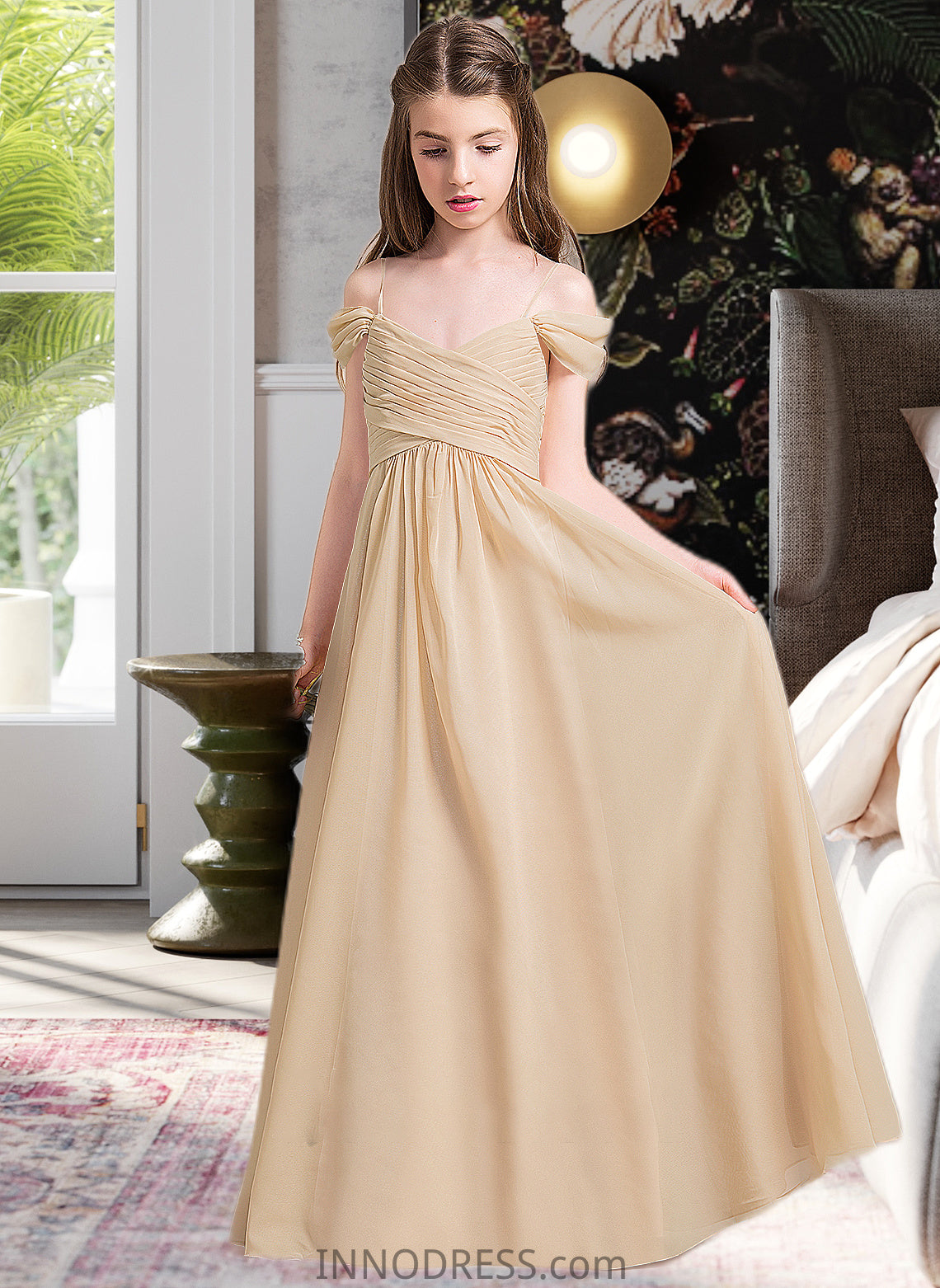 Gabriella A-Line Off-the-Shoulder Floor-Length Chiffon Junior Bridesmaid Dress With Ruffle DPP0013595