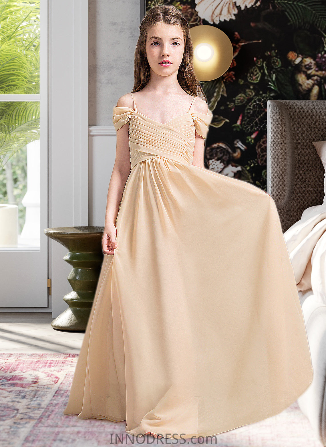 Gabriella A-Line Off-the-Shoulder Floor-Length Chiffon Junior Bridesmaid Dress With Ruffle DPP0013595