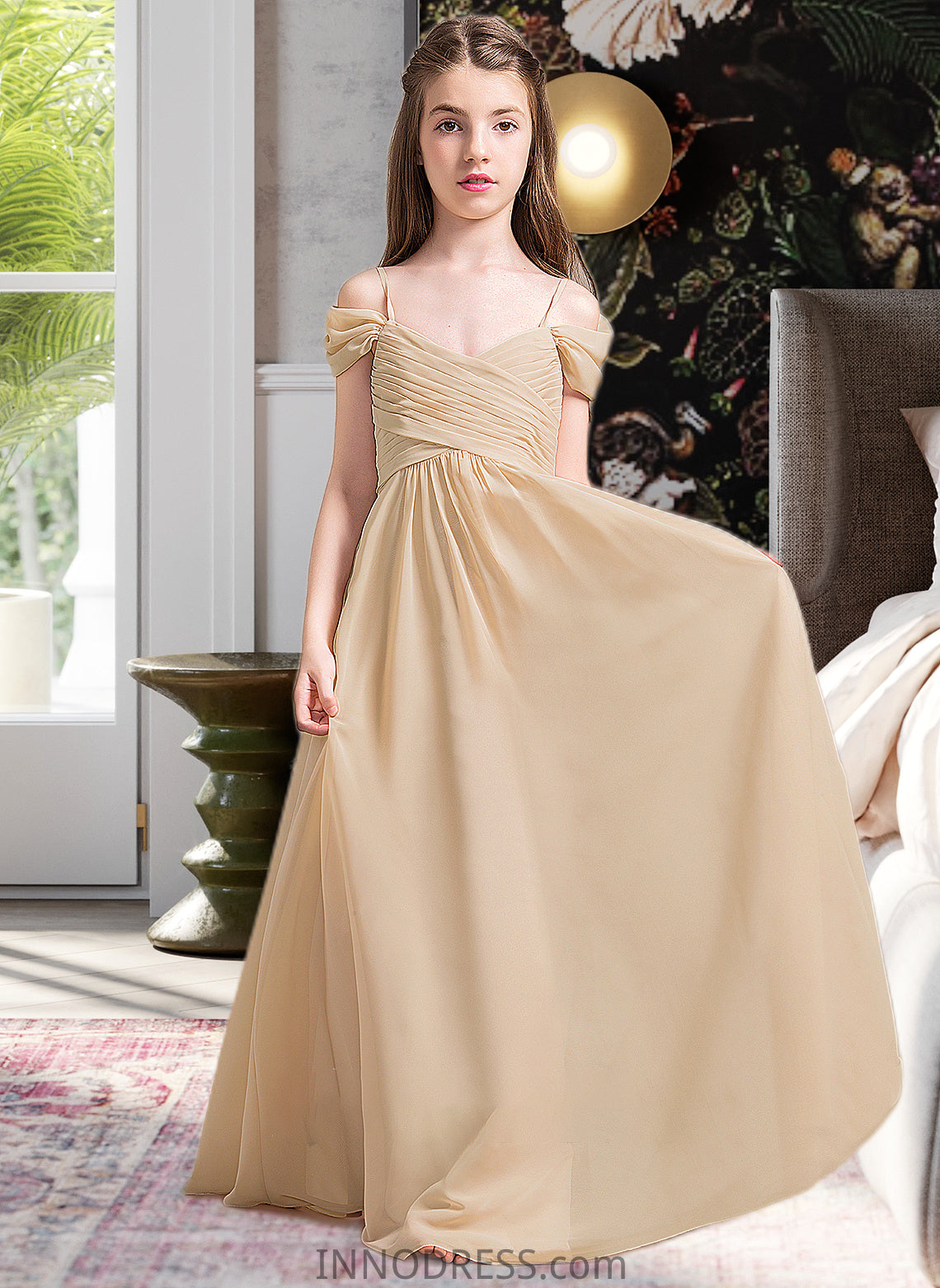 Gabriella A-Line Off-the-Shoulder Floor-Length Chiffon Junior Bridesmaid Dress With Ruffle DPP0013595