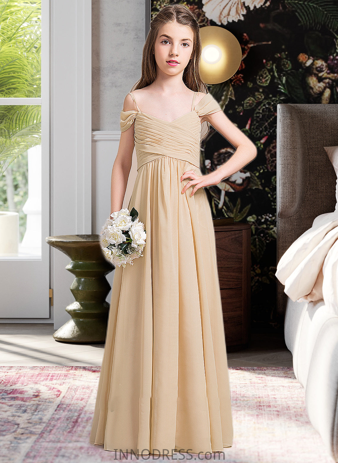 Gabriella A-Line Off-the-Shoulder Floor-Length Chiffon Junior Bridesmaid Dress With Ruffle DPP0013595