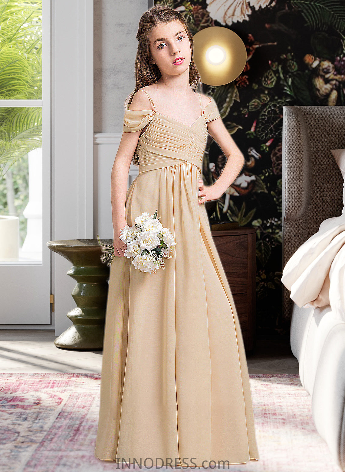 Gabriella A-Line Off-the-Shoulder Floor-Length Chiffon Junior Bridesmaid Dress With Ruffle DPP0013595