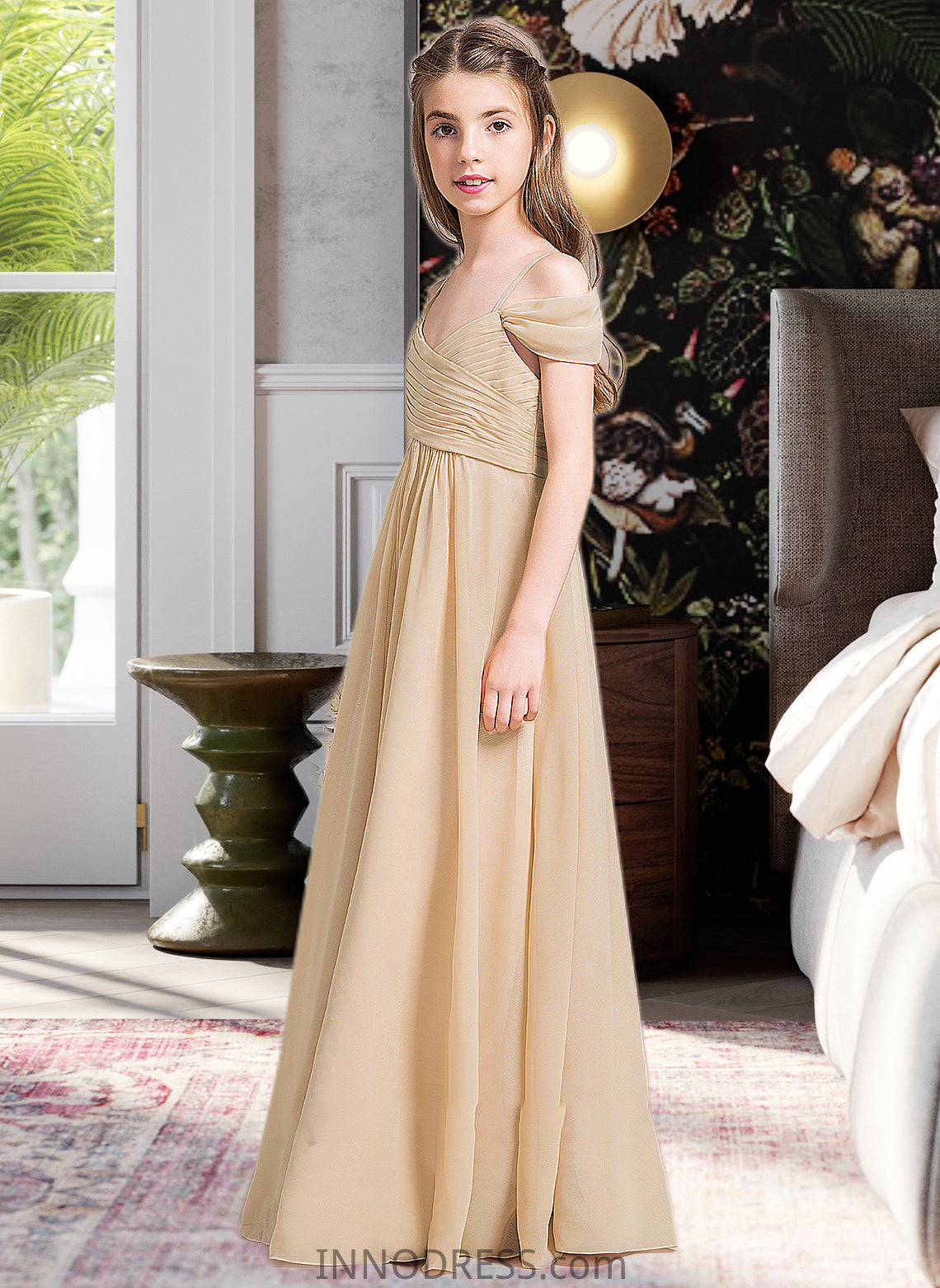 Gabriella A-Line Off-the-Shoulder Floor-Length Chiffon Junior Bridesmaid Dress With Ruffle DPP0013595