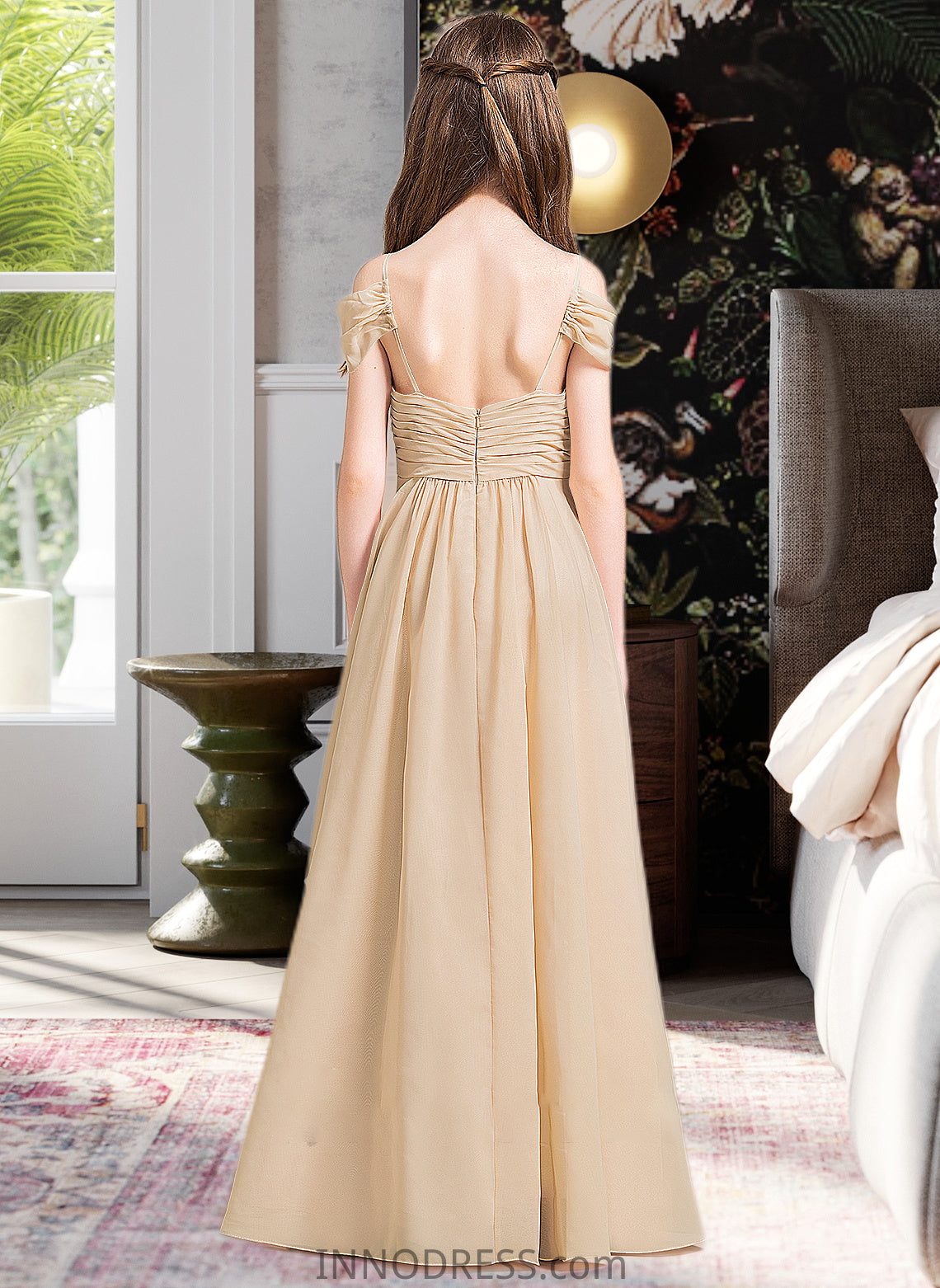 Gabriella A-Line Off-the-Shoulder Floor-Length Chiffon Junior Bridesmaid Dress With Ruffle DPP0013595