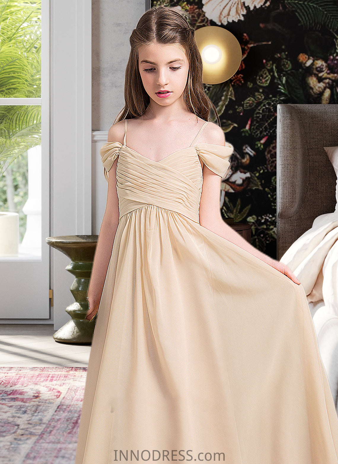 Gabriella A-Line Off-the-Shoulder Floor-Length Chiffon Junior Bridesmaid Dress With Ruffle DPP0013595