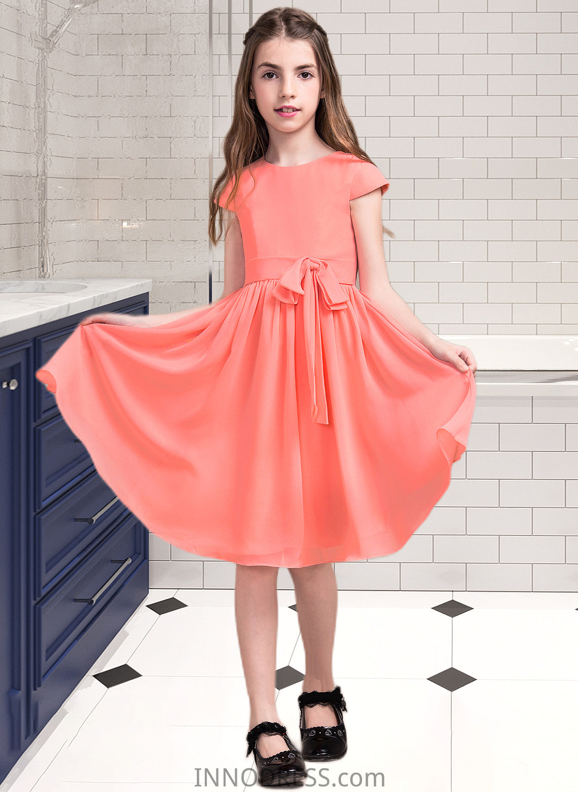 Yvonne A-Line Scoop Neck Knee-Length Chiffon Junior Bridesmaid Dress With Bow(s) DPP0013596