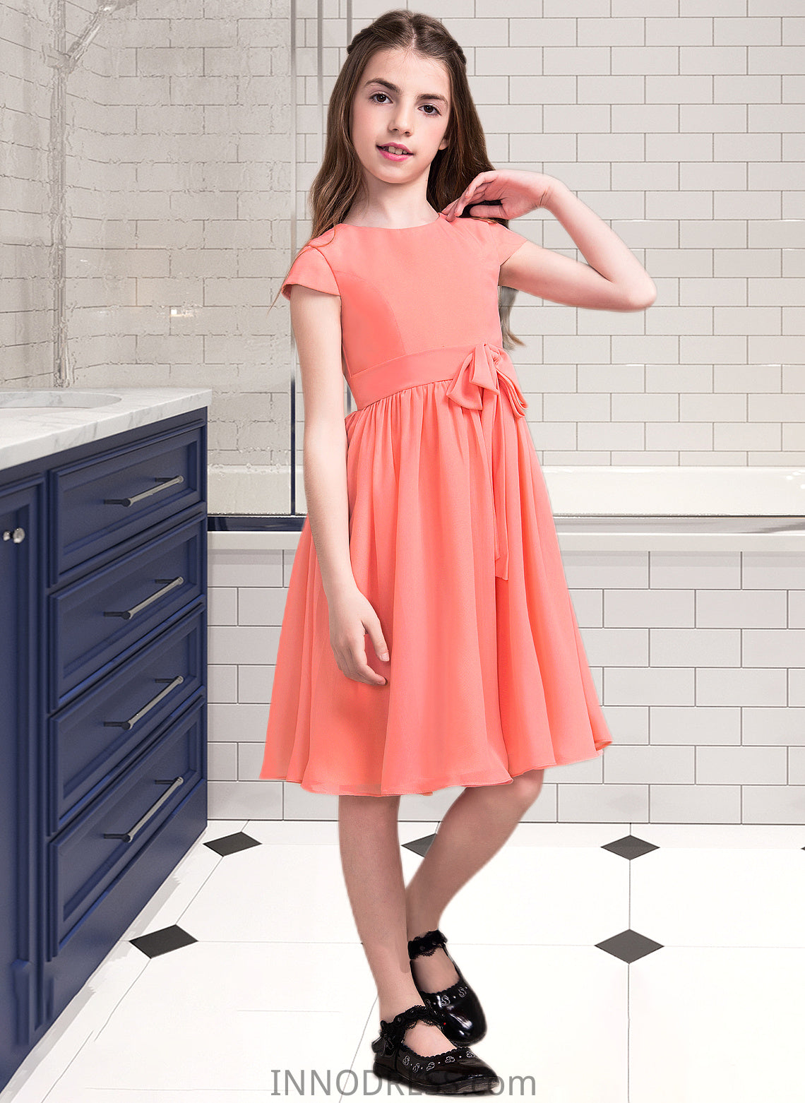 Yvonne A-Line Scoop Neck Knee-Length Chiffon Junior Bridesmaid Dress With Bow(s) DPP0013596