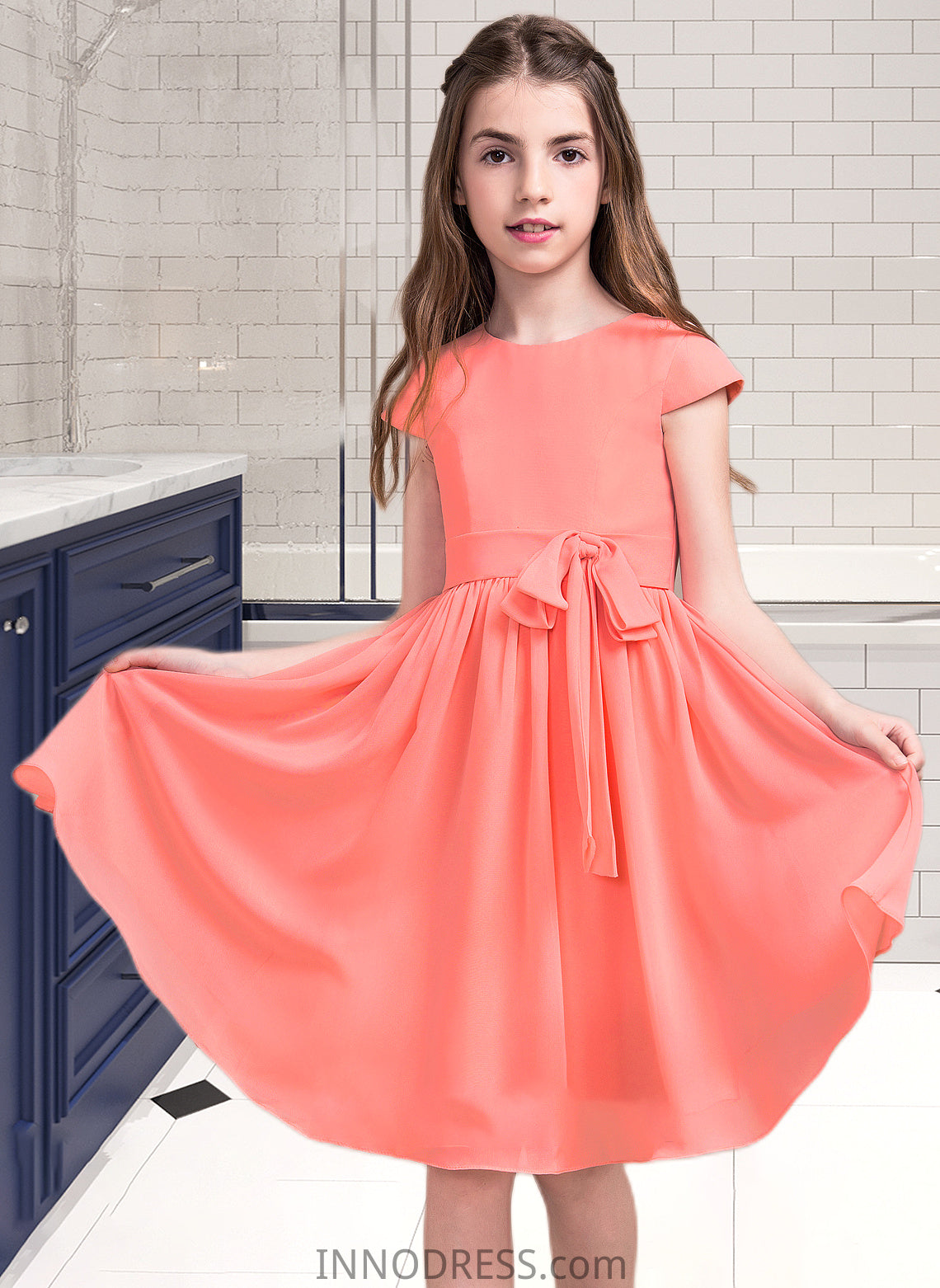 Yvonne A-Line Scoop Neck Knee-Length Chiffon Junior Bridesmaid Dress With Bow(s) DPP0013596