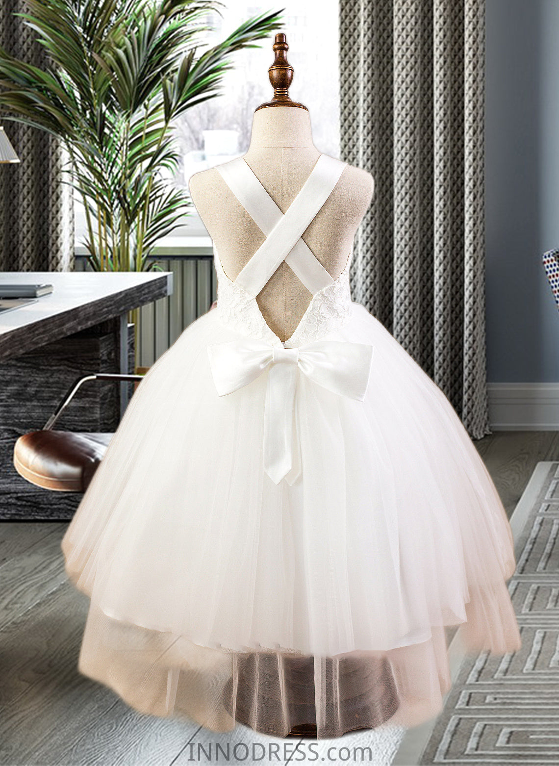 Itzel Ball-Gown/Princess Sweetheart Tea-Length Satin Tulle Lace Junior Bridesmaid Dress With Bow(s) DPP0013597