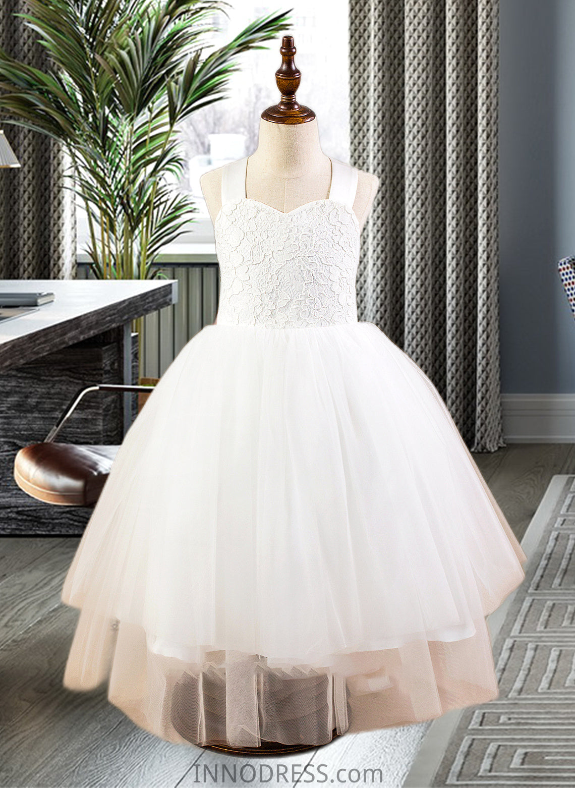 Itzel Ball-Gown/Princess Sweetheart Tea-Length Satin Tulle Lace Junior Bridesmaid Dress With Bow(s) DPP0013597