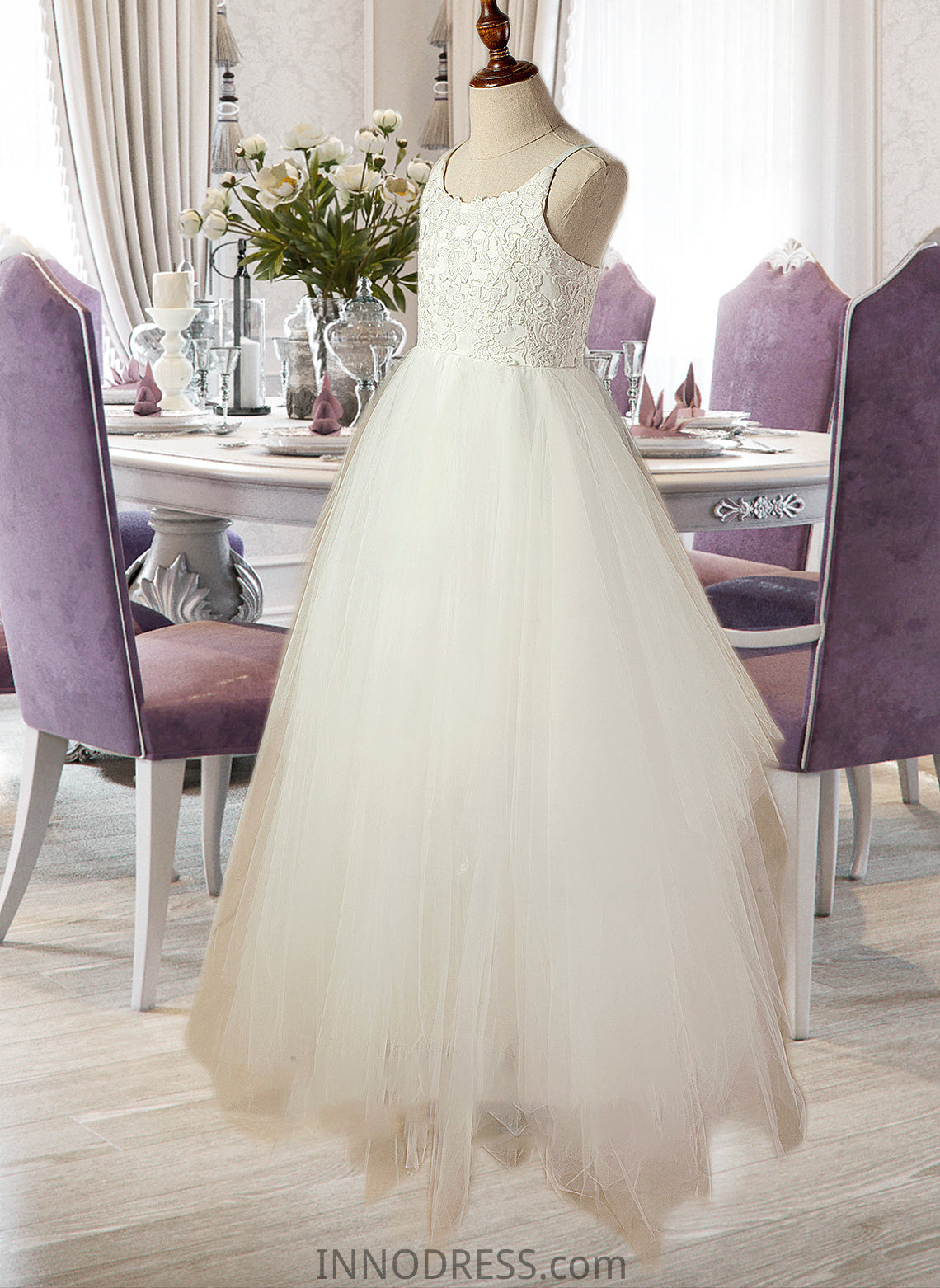 Danika A-Line Scoop Neck Floor-Length Tulle Lace Junior Bridesmaid Dress With Lace DPP0013598