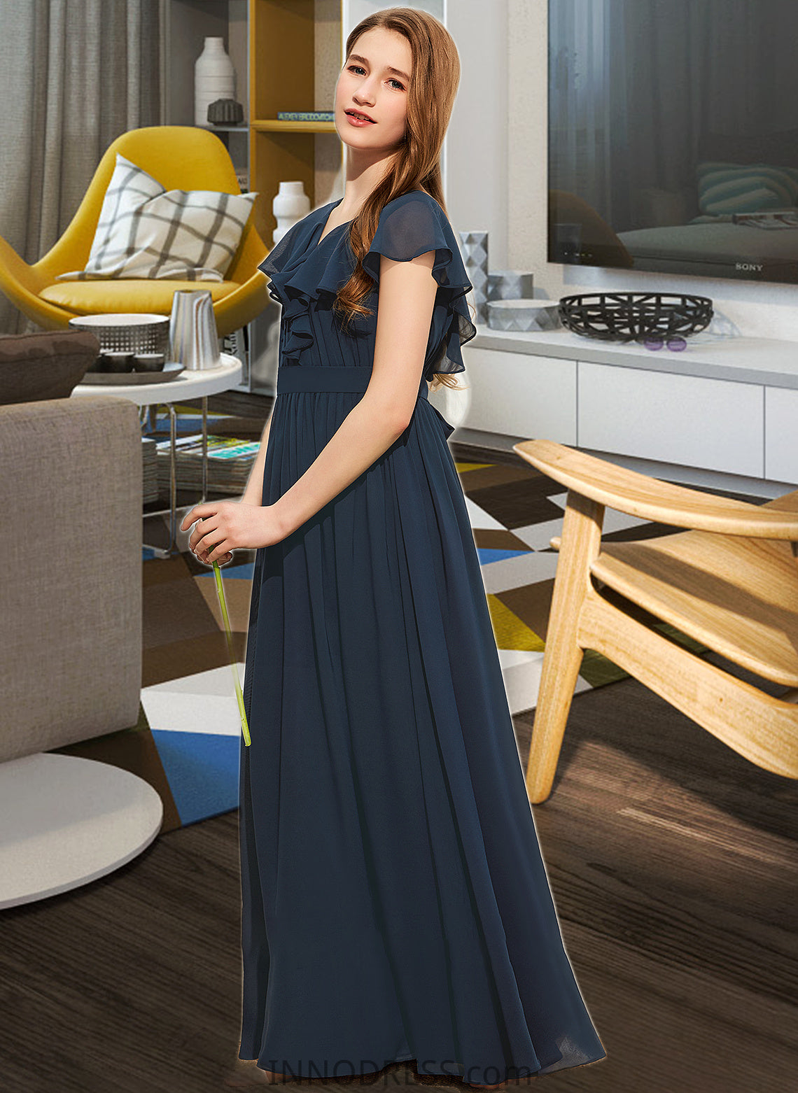 Anna A-Line V-neck Floor-Length Chiffon Junior Bridesmaid Dress With Bow(s) Cascading Ruffles DPP0013599