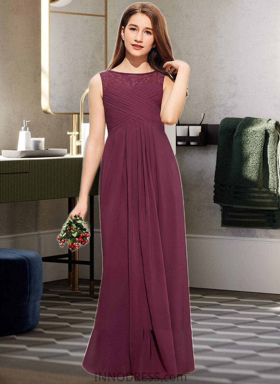 Terri A-Line Scoop Neck Floor-Length Chiffon Lace Junior Bridesmaid Dress With Ruffle Bow(s) DPP0013600