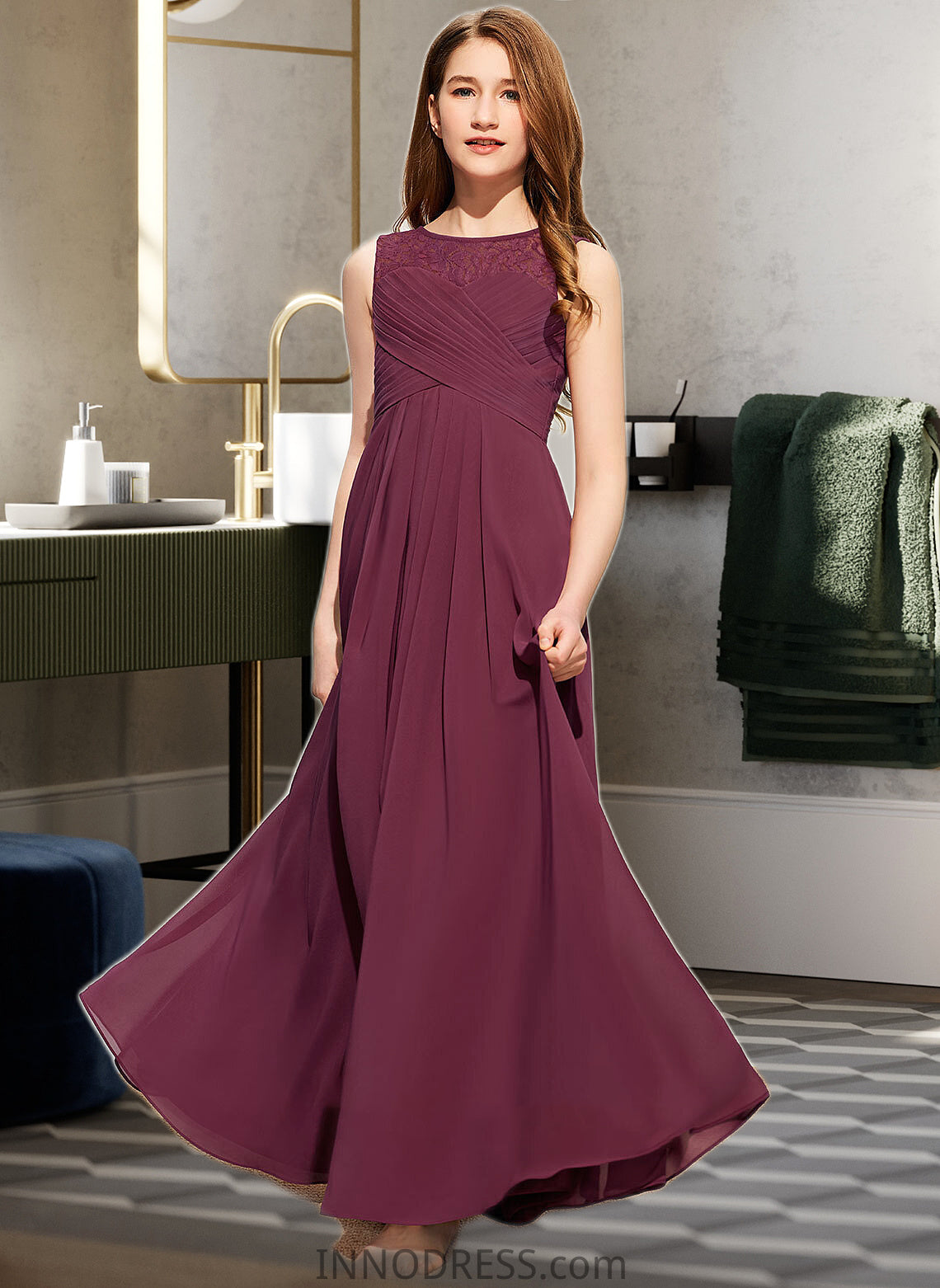 Terri A-Line Scoop Neck Floor-Length Chiffon Lace Junior Bridesmaid Dress With Ruffle Bow(s) DPP0013600