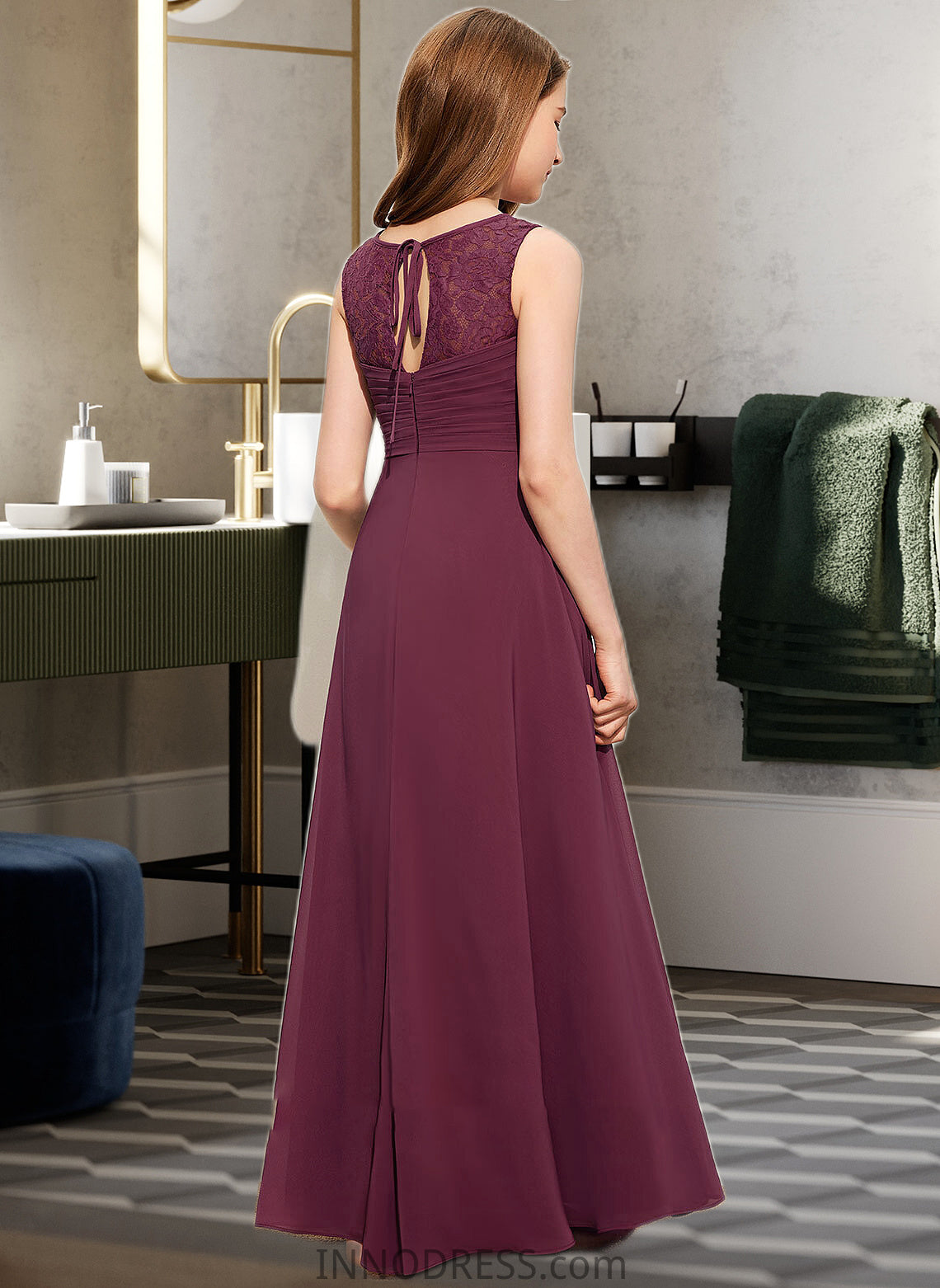 Terri A-Line Scoop Neck Floor-Length Chiffon Lace Junior Bridesmaid Dress With Ruffle Bow(s) DPP0013600