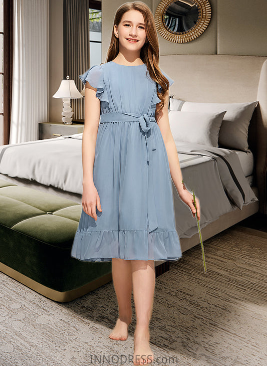 Alannah A-Line Scoop Neck Knee-Length Chiffon Junior Bridesmaid Dress With Bow(s) Cascading Ruffles DPP0013601