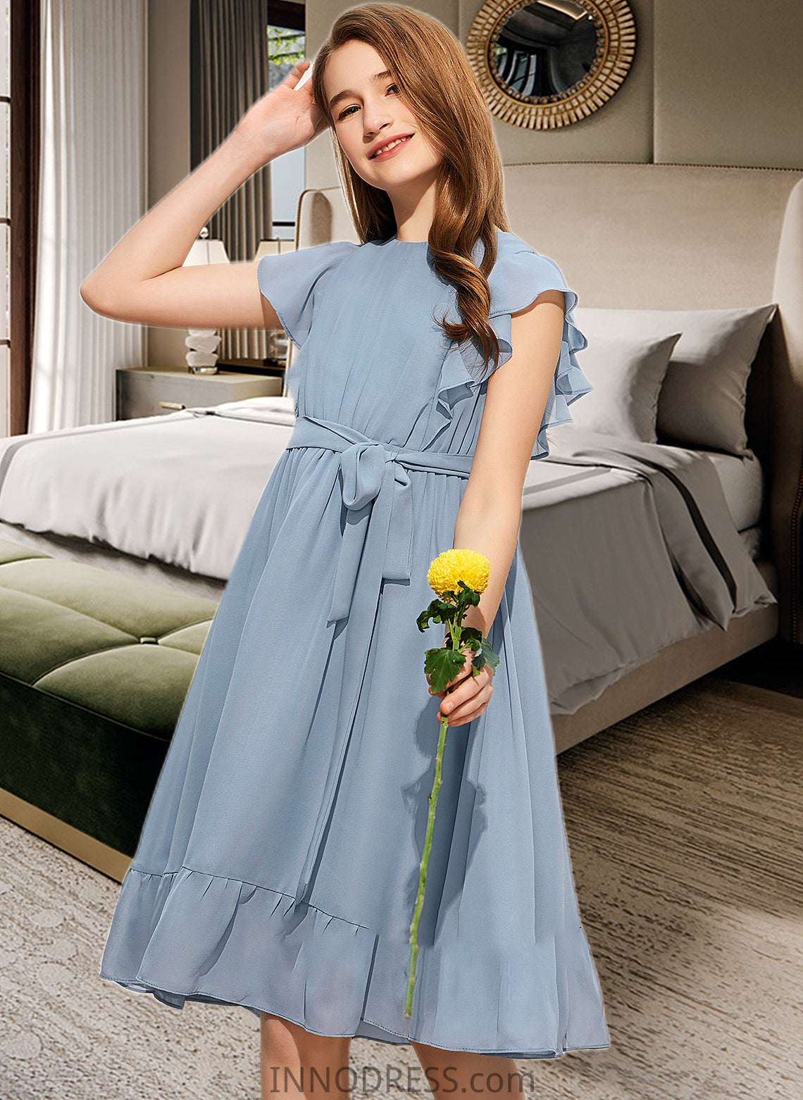 Alannah A-Line Scoop Neck Knee-Length Chiffon Junior Bridesmaid Dress With Bow(s) Cascading Ruffles DPP0013601