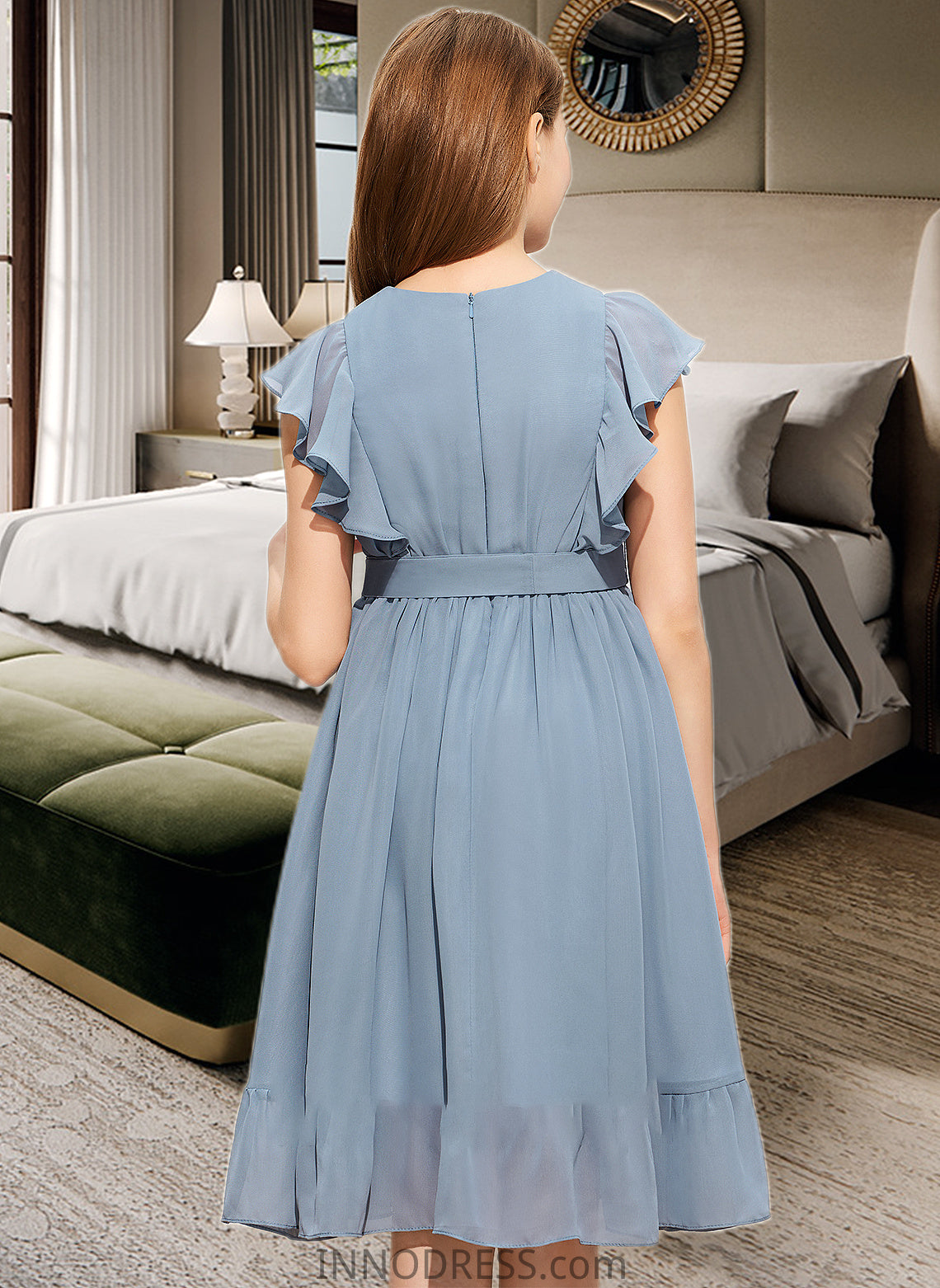 Alannah A-Line Scoop Neck Knee-Length Chiffon Junior Bridesmaid Dress With Bow(s) Cascading Ruffles DPP0013601