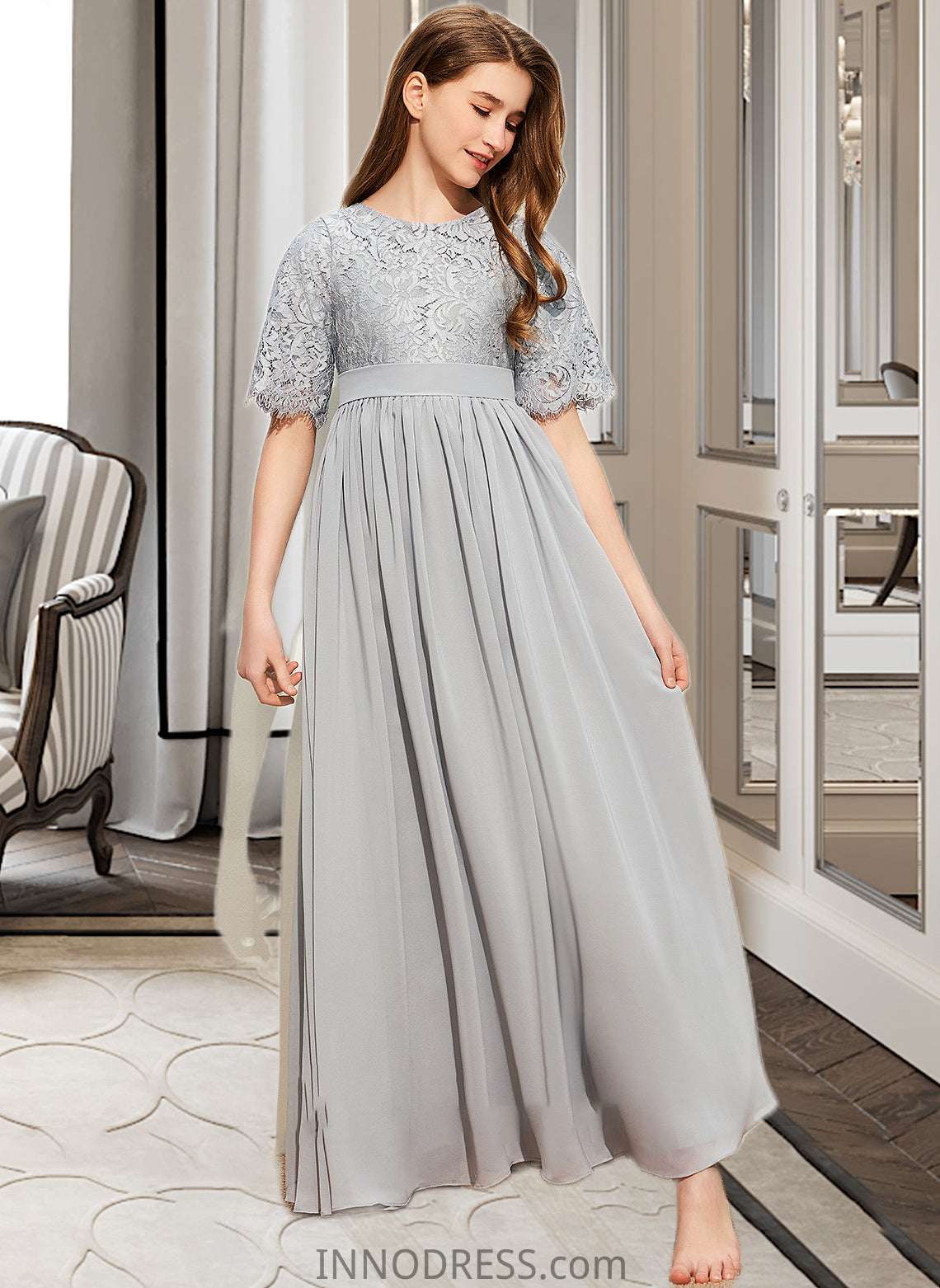 Jean A-LineScoopNeckFloor-LengthChiffonLaceJuniorBridesmaidDress#253700 DPP0013602