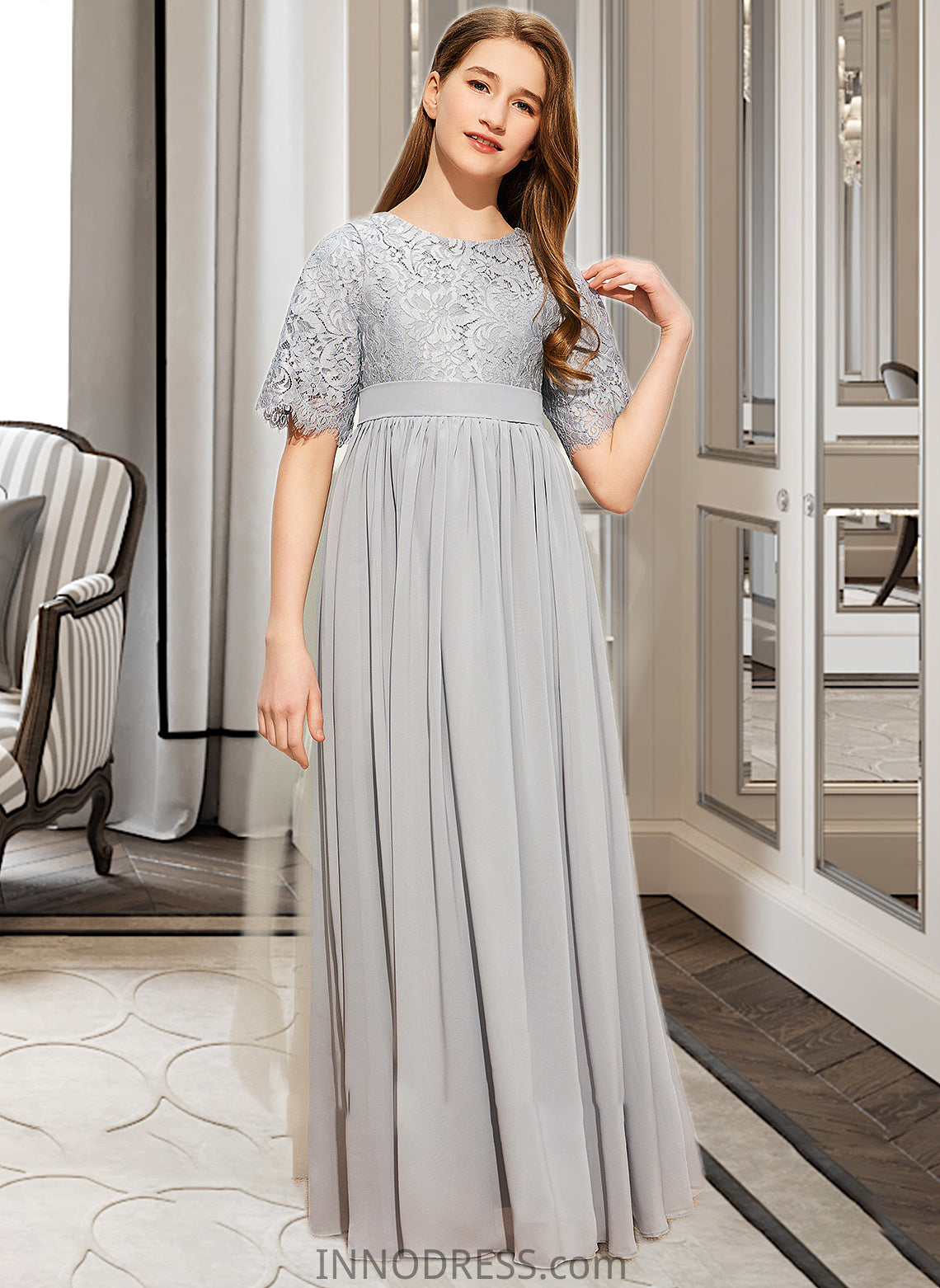 Jean A-LineScoopNeckFloor-LengthChiffonLaceJuniorBridesmaidDress#253700 DPP0013602