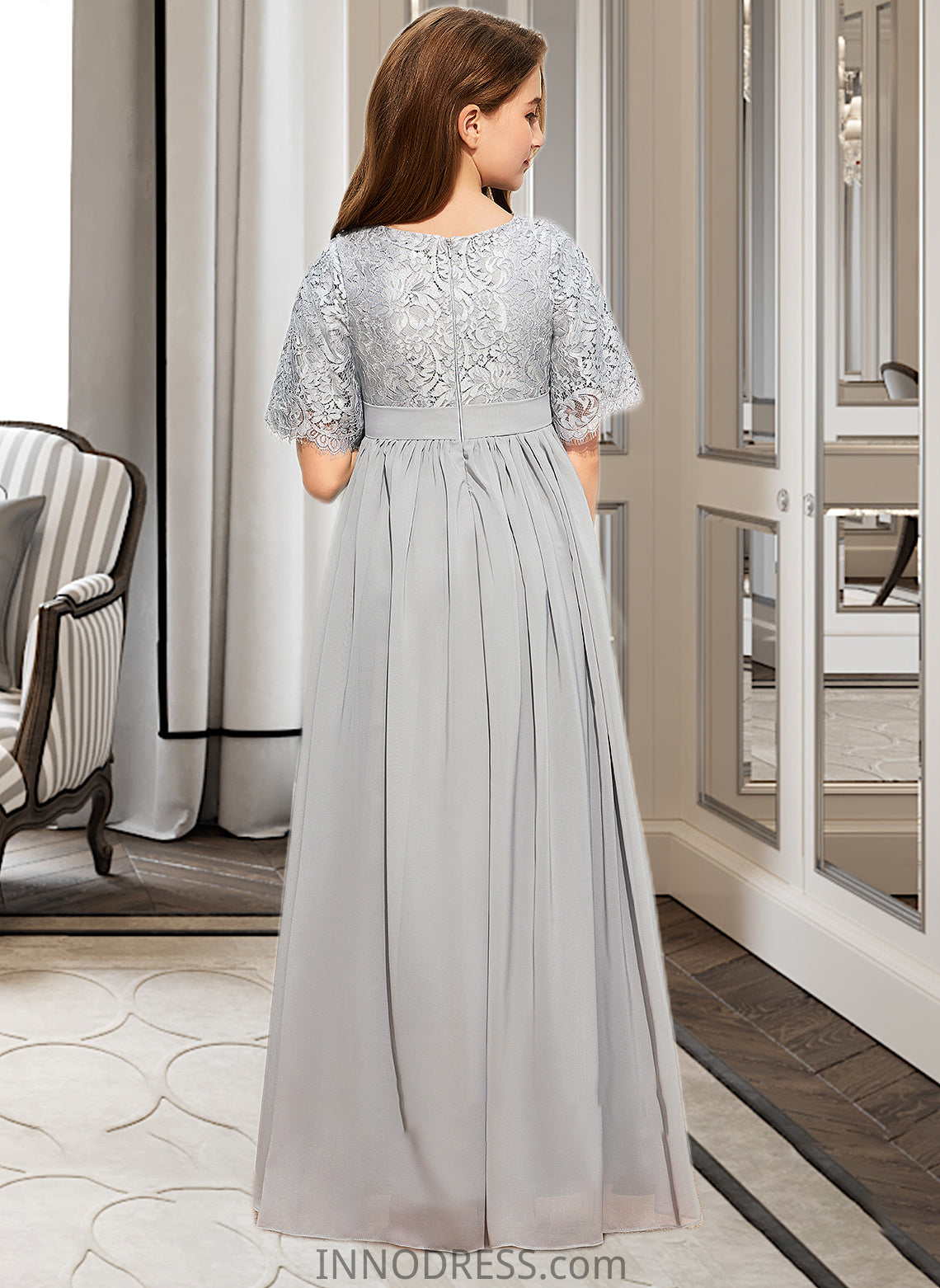 Jean A-LineScoopNeckFloor-LengthChiffonLaceJuniorBridesmaidDress#253700 DPP0013602