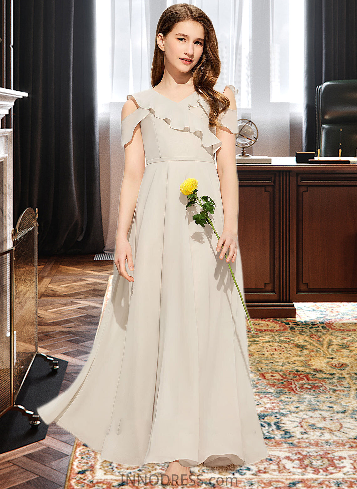 Suzanne A-Line V-neck Floor-Length Chiffon Junior Bridesmaid Dress With Cascading Ruffles DPP0013603