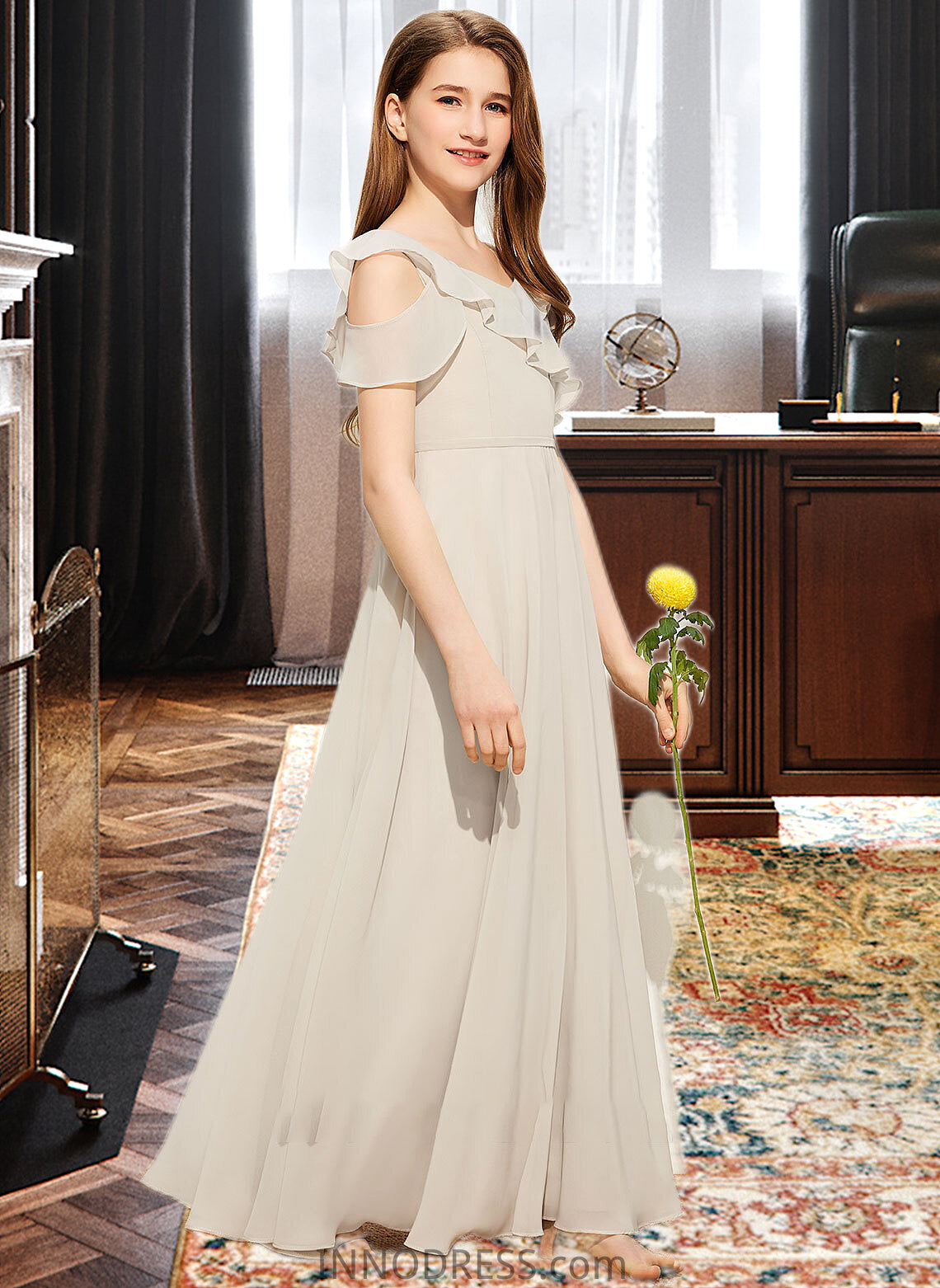 Suzanne A-Line V-neck Floor-Length Chiffon Junior Bridesmaid Dress With Cascading Ruffles DPP0013603