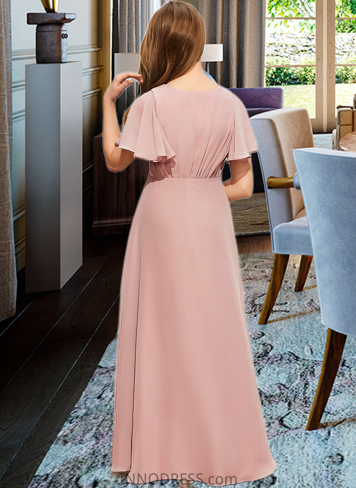 Lorena A-Line V-neck Asymmetrical Chiffon Junior Bridesmaid Dress With Ruffle DPP0013604