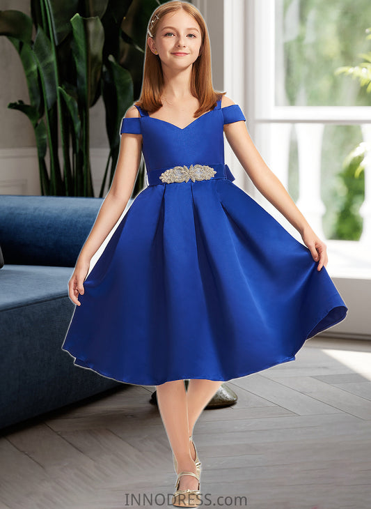 Zaria A-Line Off-the-Shoulder Knee-Length Satin Junior Bridesmaid Dress With Beading Bow(s) DPP0013605