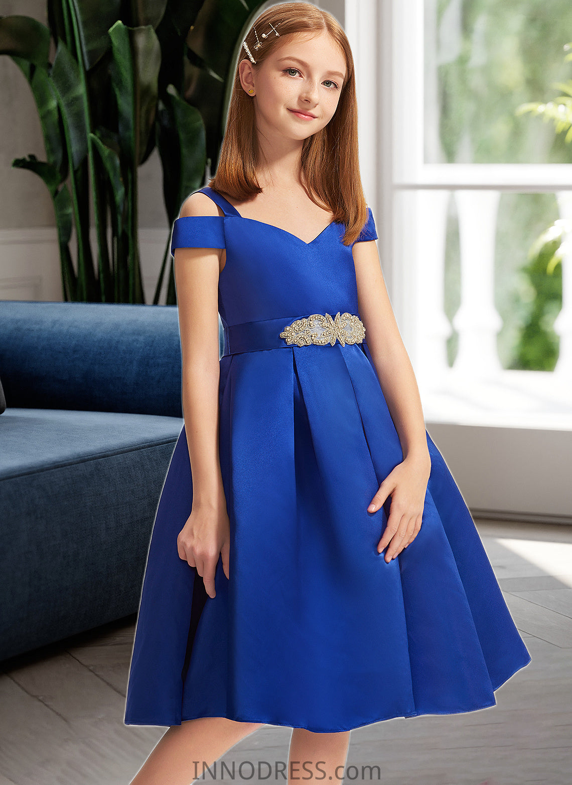 Zaria A-Line Off-the-Shoulder Knee-Length Satin Junior Bridesmaid Dress With Beading Bow(s) DPP0013605